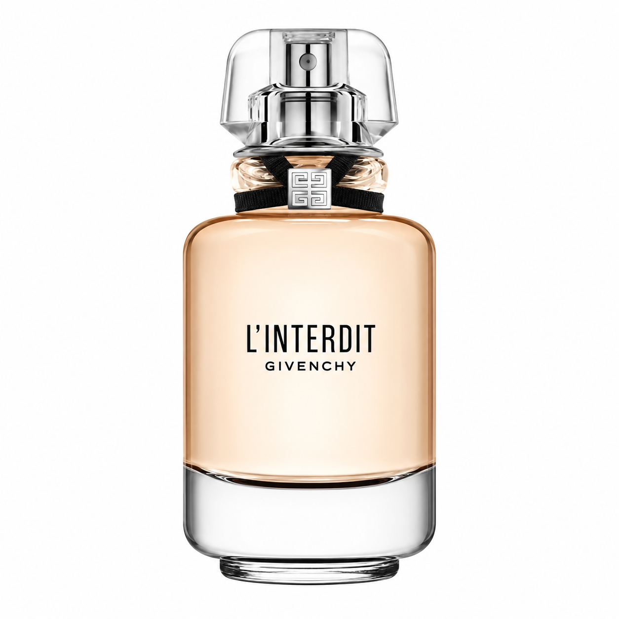 Givenchy L'Interdit Eau de Toilette bottle isolated on a white background, featuring a sleek transparent glass bottle with a soft peach-tinted fragrance and the signature black ribbon around the neck.