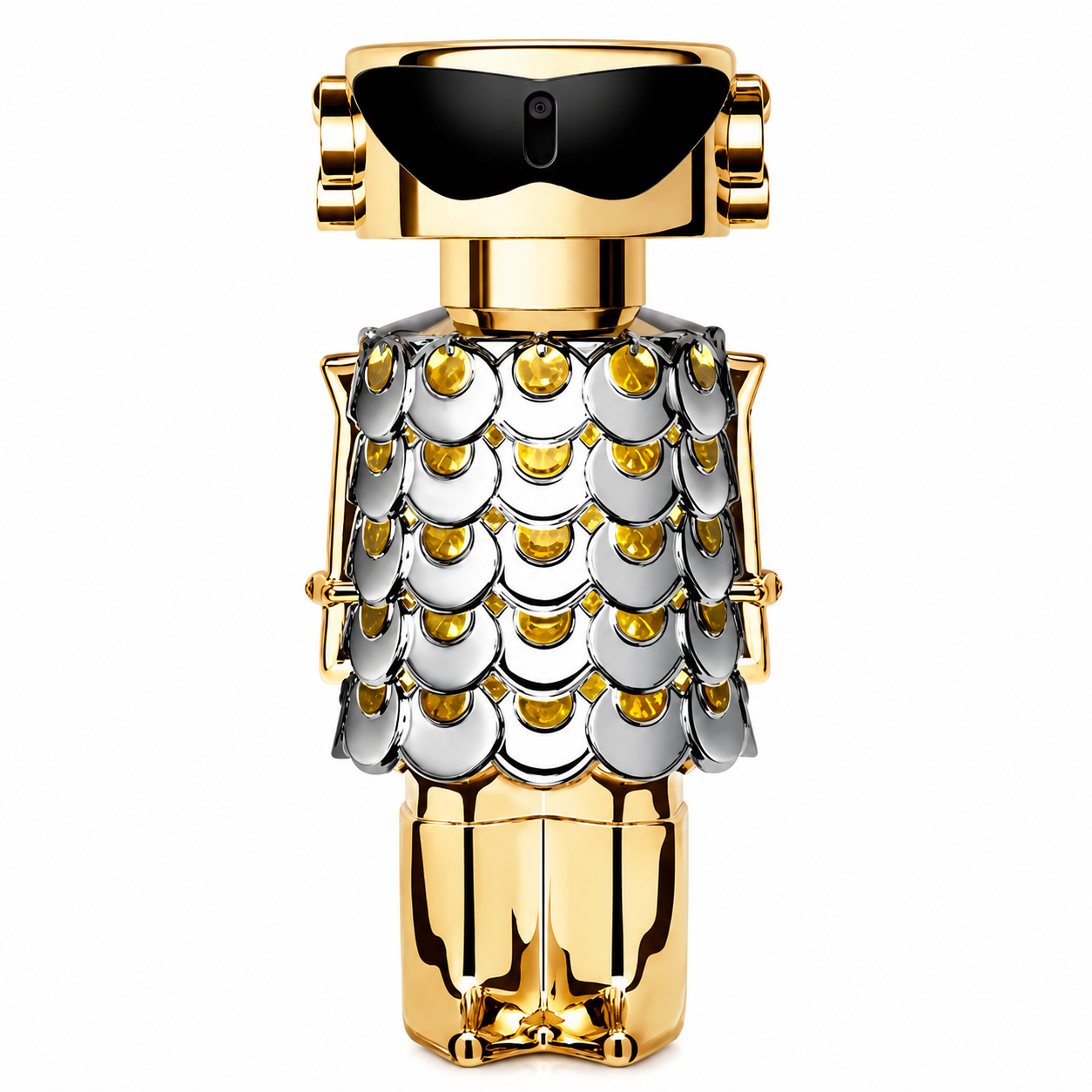 Rabanne Fame Parfum bottle isolated on a white background, featuring the iconic robot-shaped design with a polished gold head wearing black sunglasses, a silver metallic scale-pattern dress, and luxurious gold legs for a playful yet elegant look.