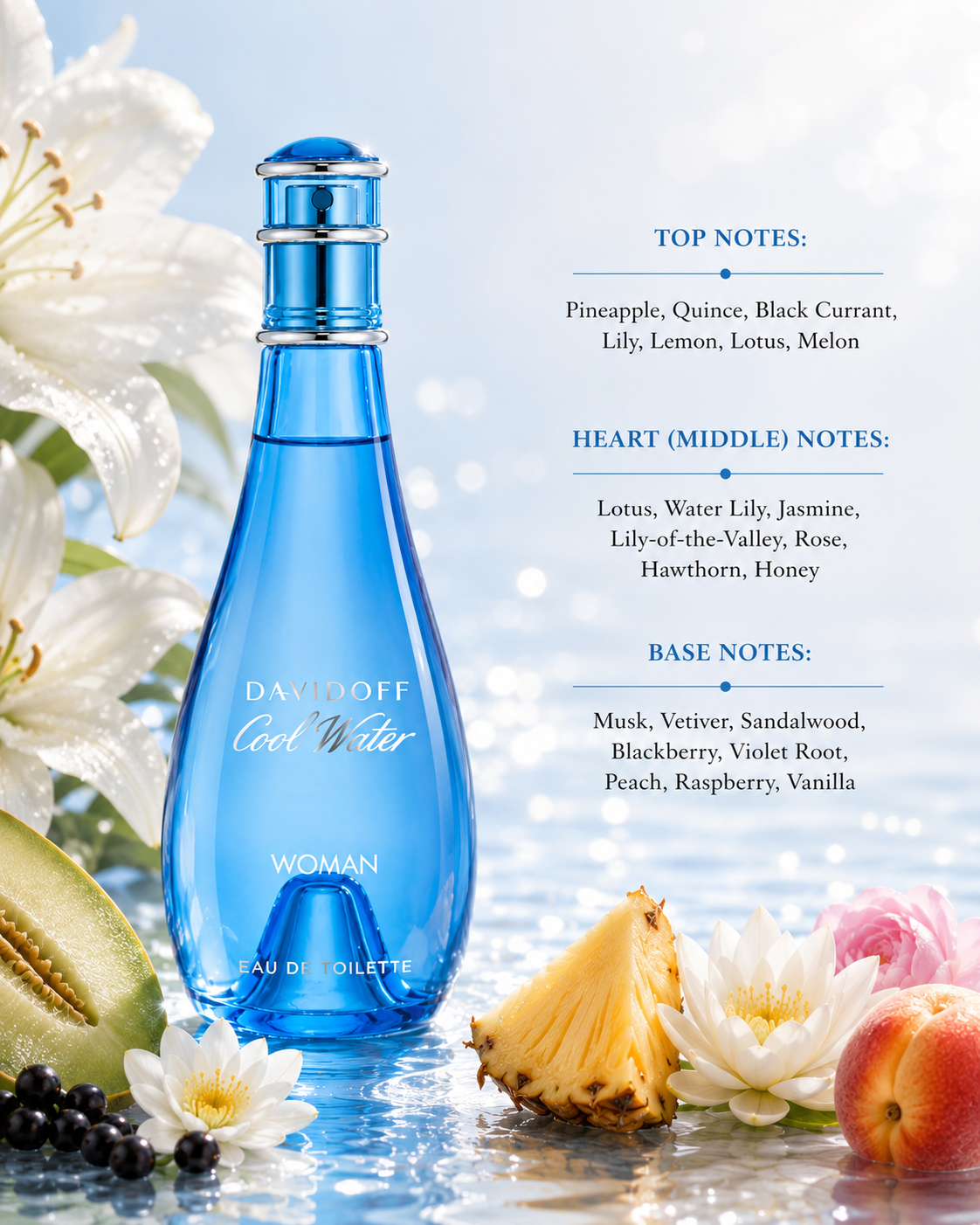 Davidoff Cool Water Woman Eau de Toilette with fragrance notes, displayed beside pineapple, melon, lotus flowers and peach, highlighting fresh fruity top notes, aquatic floral heart notes and a warm musky woody base.