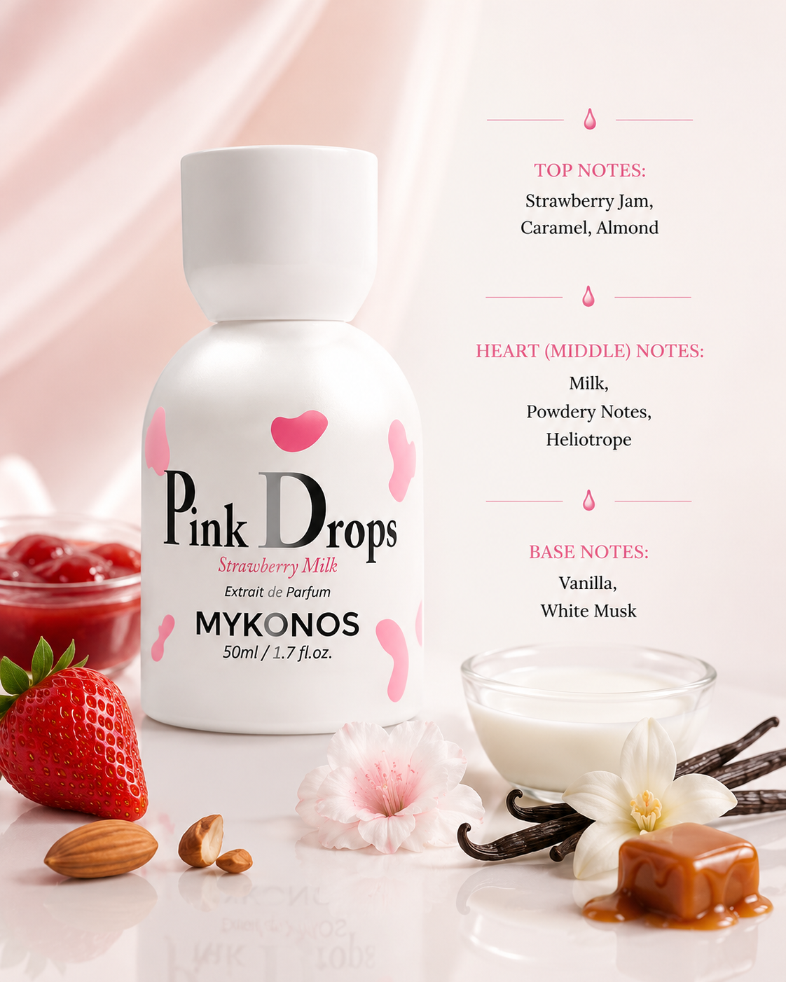 Mykonos Pink Drops Strawberry Milk Extrait de Parfum surrounded by fresh strawberries, strawberry jam, creamy milk, vanilla pods, almonds, caramel and delicate white blossoms, highlighting its sweet gourmand fragrance with a soft milky vanilla finish.