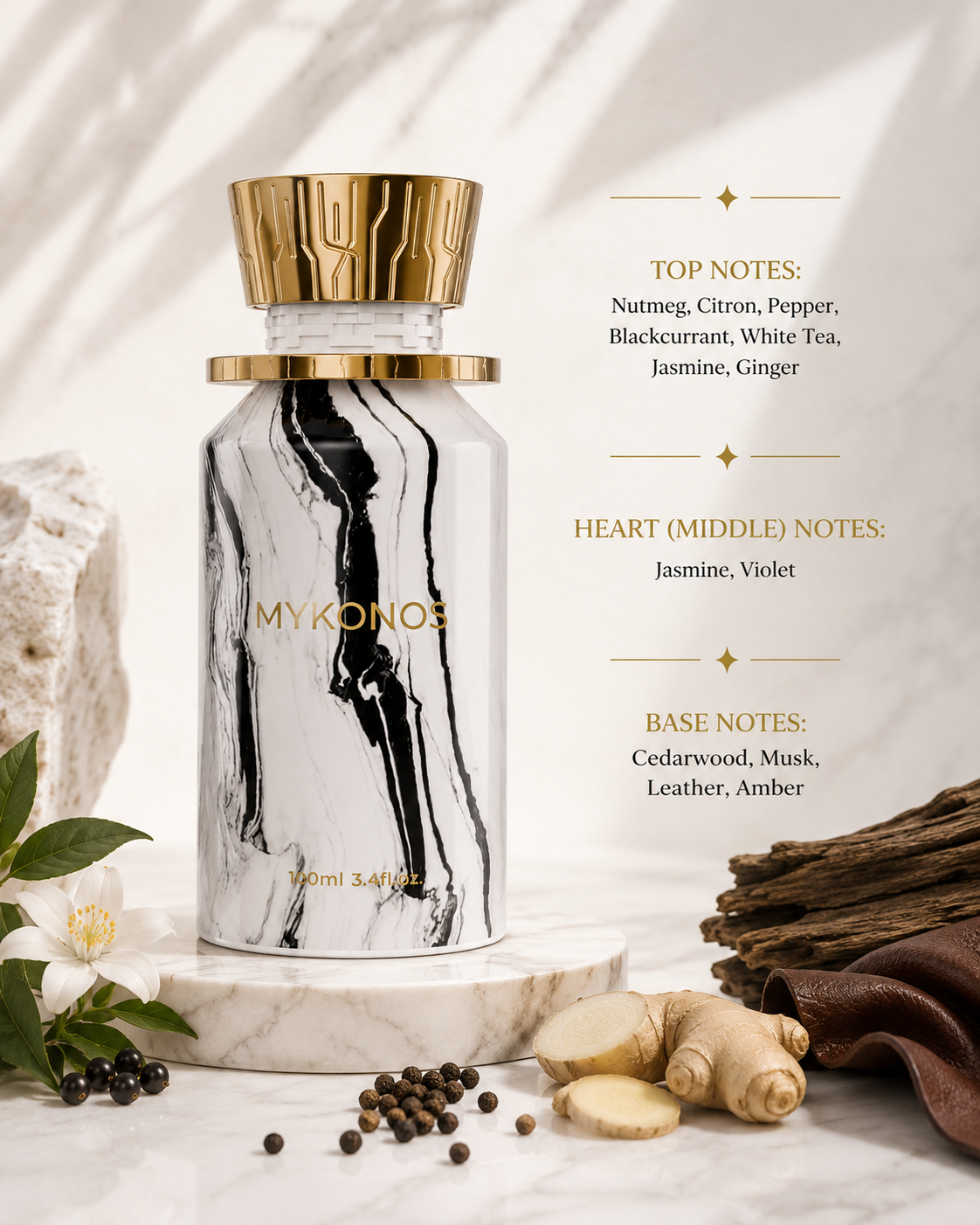 Mykonos On The Rocks Extrait de Parfum displayed with blackcurrant, ginger, black pepper, jasmine, cedarwood, leather and amber, highlighting its fresh spicy, floral and warm woody fragrance profile.