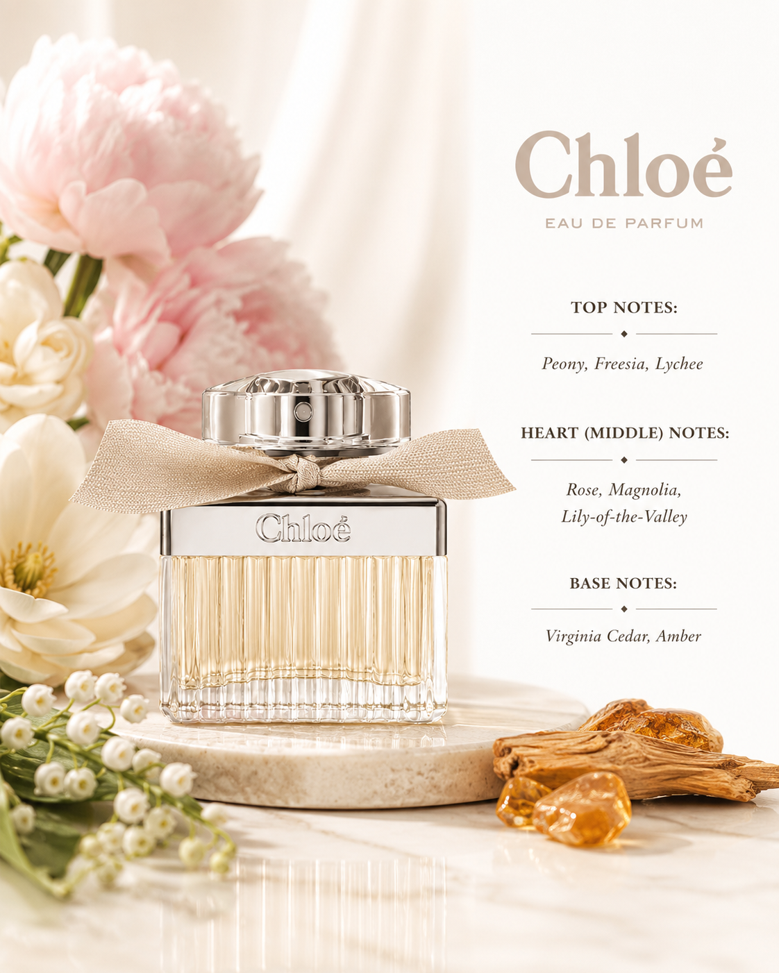 Chloé Eau de Parfum bottle with a silver cap and beige ribbon bow, displayed on a marble coaster with pink and white flowers, amber crystals, and printed fragrance notes on a cream background.