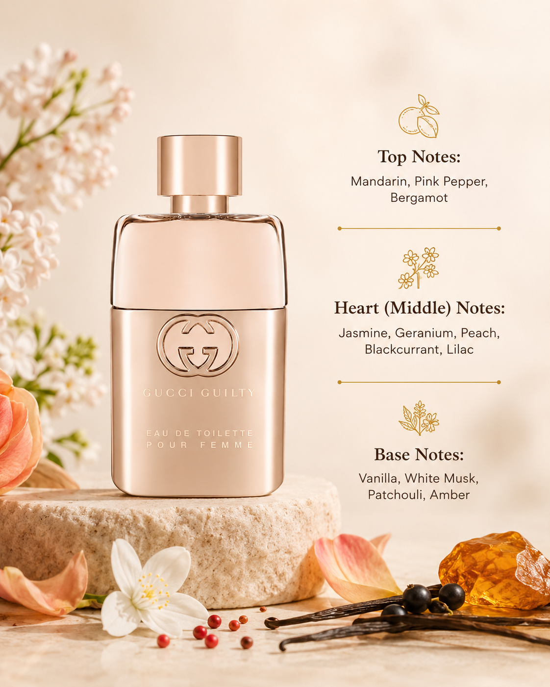 Gucci Guilty Eau de Toilette Pour Femme displayed with fragrance notes, surrounded by mandarin, bergamot, jasmine blossoms, peach petals, vanilla pods, amber, patchouli, and white musk-inspired elements that reflect its fruity floral and warm oriental composition.