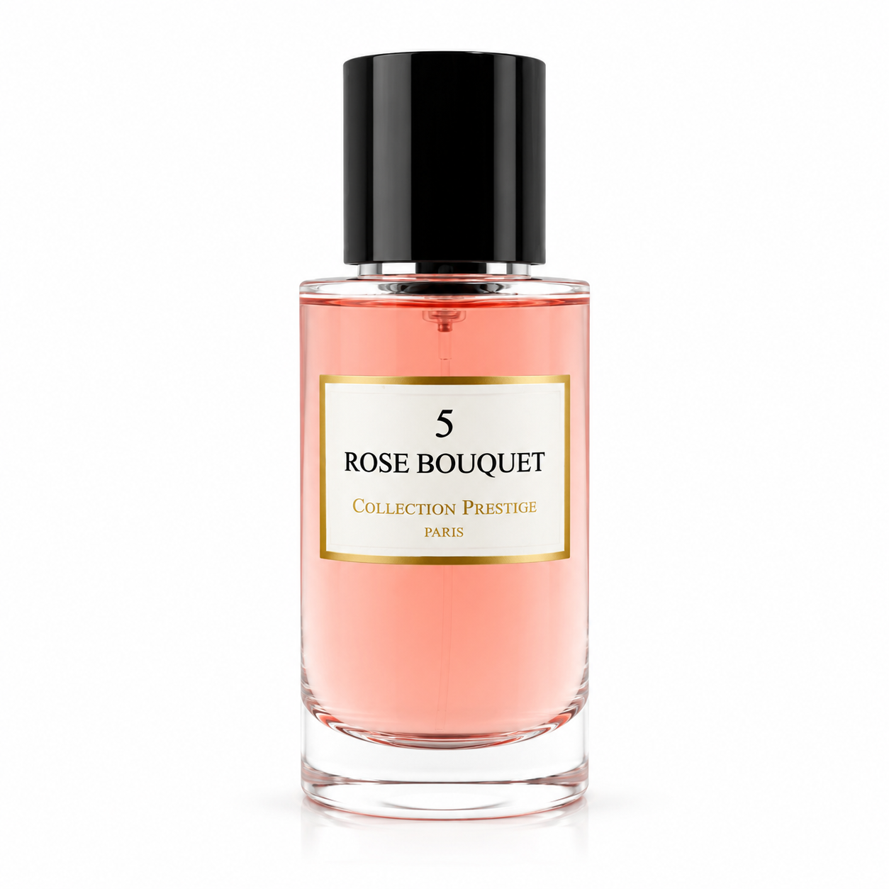 Collection Prestige Rose Bouquet No. 5 Eau de Parfum in an elegant clear glass bottle with a black cap and soft pink fragrance, isolated on a clean white background. This sophisticated floral fragrance opens with juicy fruity notes, pear, and pink pepper, blossoms into an elegant heart of tuberose, jasmine, and ylang-ylang, and settles into a warm, sensual base of amber, musk, and patchouli for a feminine and long-lasting scent.