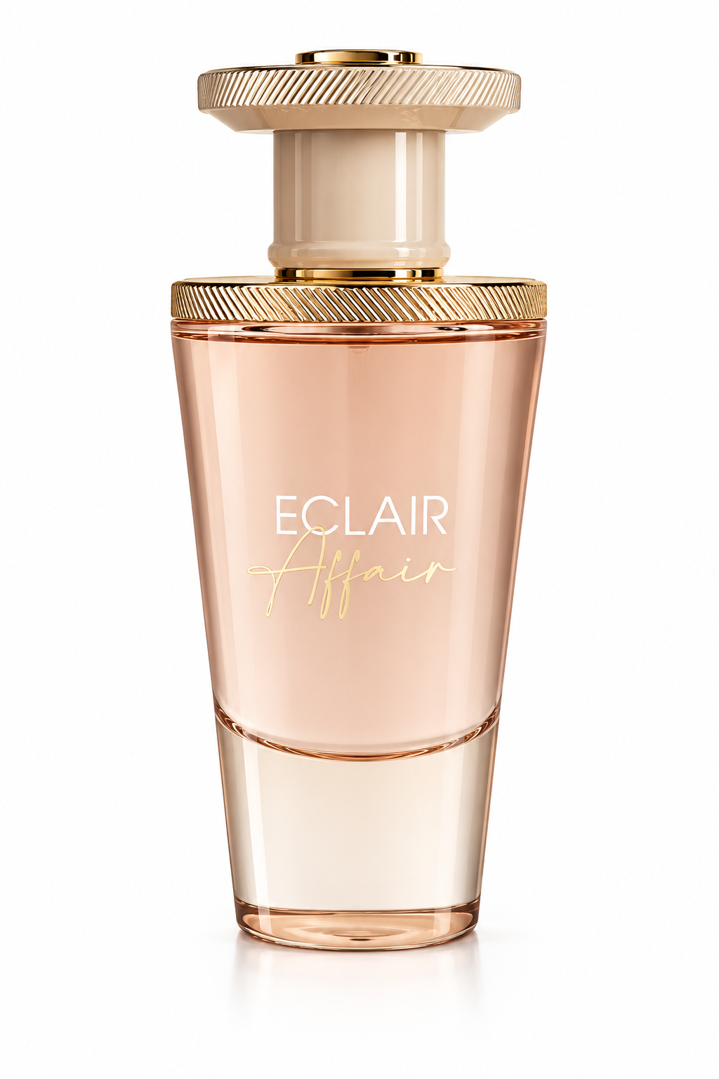 French Avenue Eclair Affair perfume bottle featuring an elegant blush pink and peach glass design, luxurious gold detailing, a wide cream and gold cap, and delicate gold lettering, photographed against a pure white background for a premium fragrance presentation.