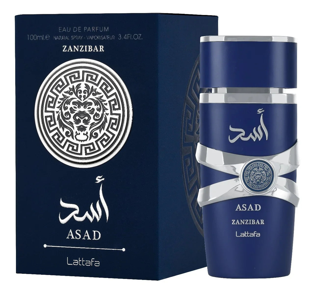 Blue perfume bottle and packaging with 'ASAD Zanzibar' branding on a white background