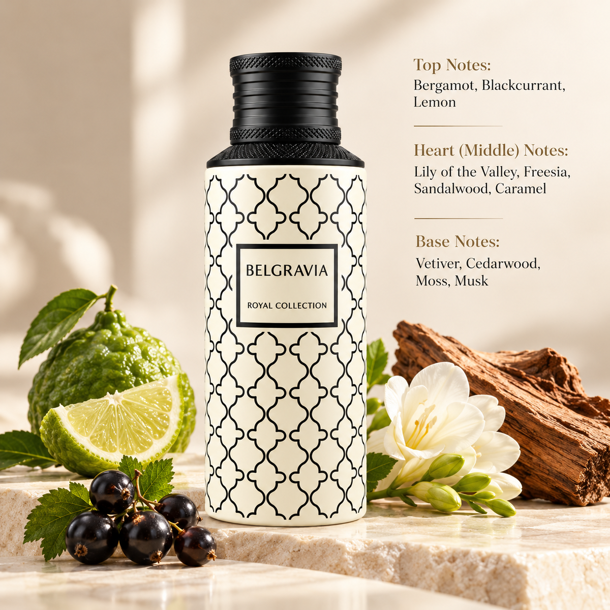 Maison Asrar Belgravia Royal Collection 100ml Eau de Parfum displayed in a refined setting with bergamot, blackcurrant, delicate white flowers and sandalwood. An elegant fruity floral woody fragrance featuring lemon, lily of the valley, freesia, caramel, vetiver, cedarwood, moss and musk.