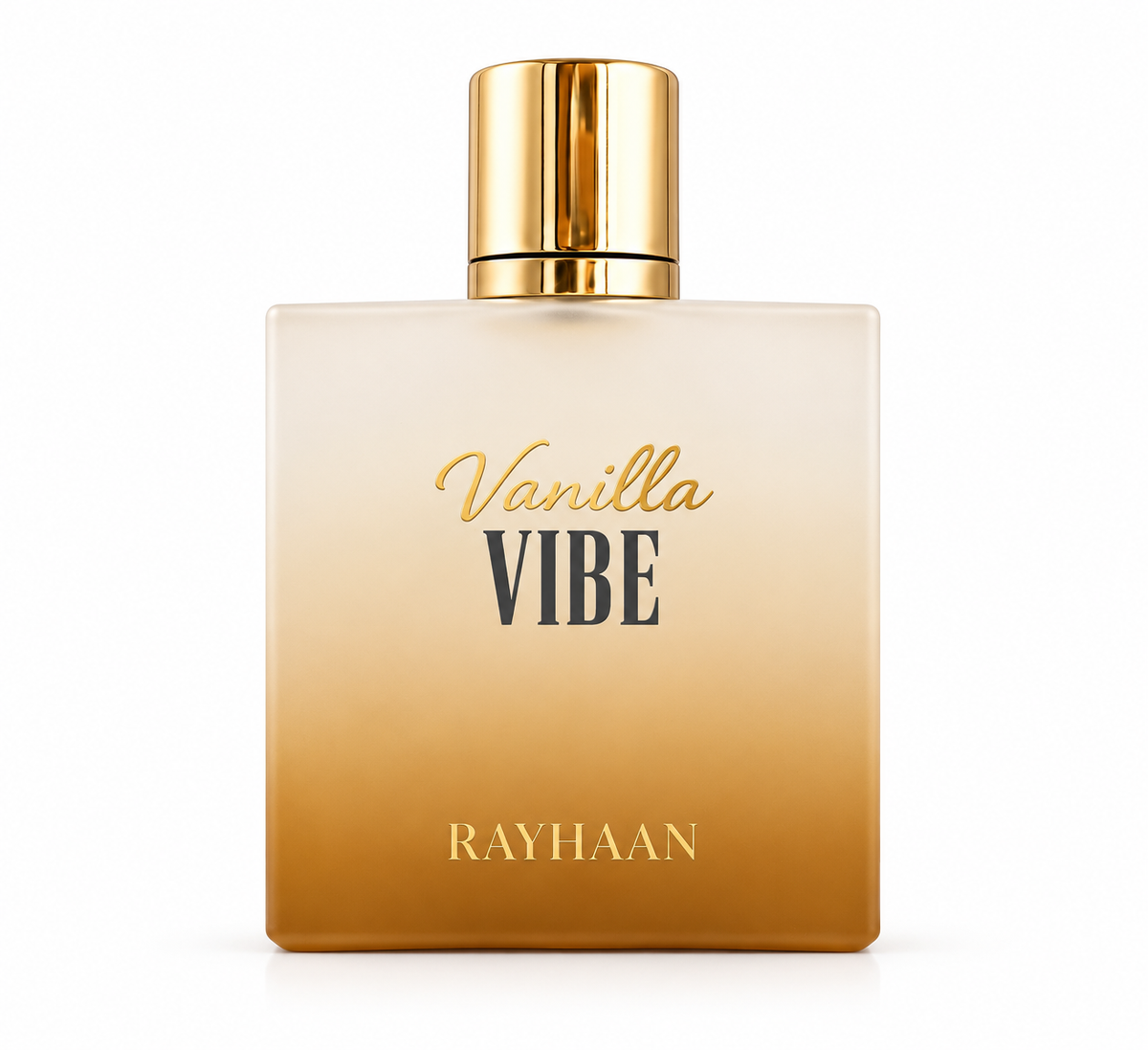 Rayhaan Vanilla Vibe Eau de Parfum in an elegant rectangular bottle with a creamy beige-to-amber gradient, luxurious gold cap and gold Vanilla Vibe lettering. This sophisticated Arabic vanilla perfume features minimalist packaging, photographed against a clean white background.