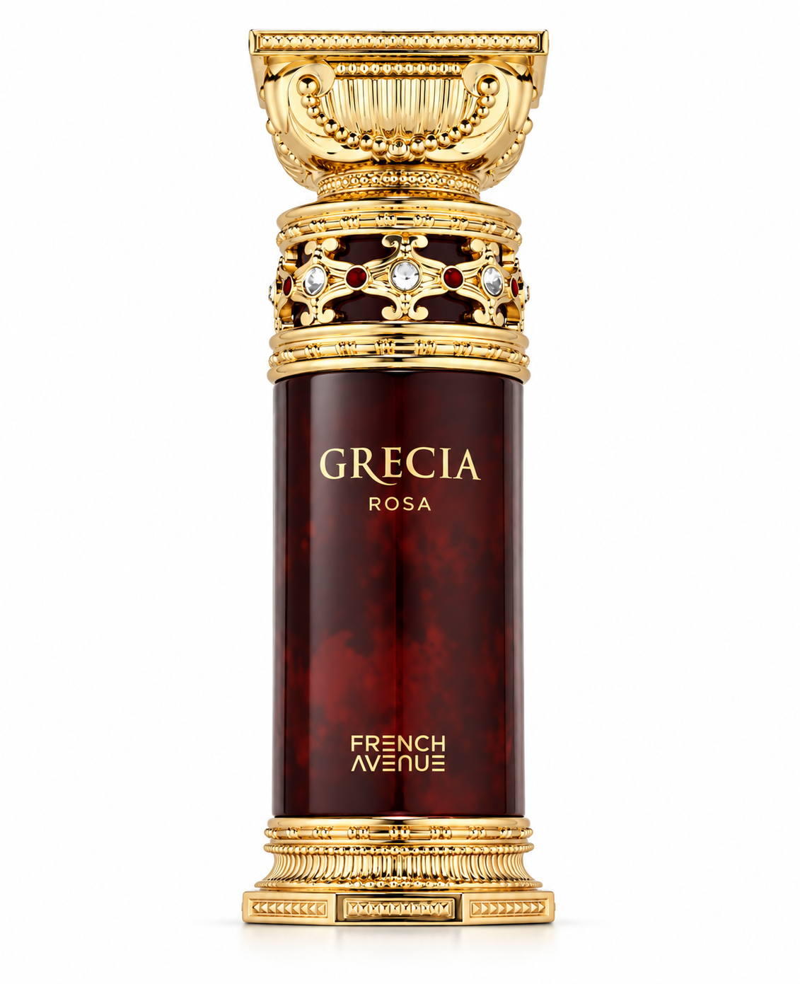 French Avenue Grecia Rosa perfume bottle featuring a deep burgundy red finish, ornate gold cap, decorative gemstone details and elegant gold lettering, photographed against a pure white background for a luxurious fragrance presentation.