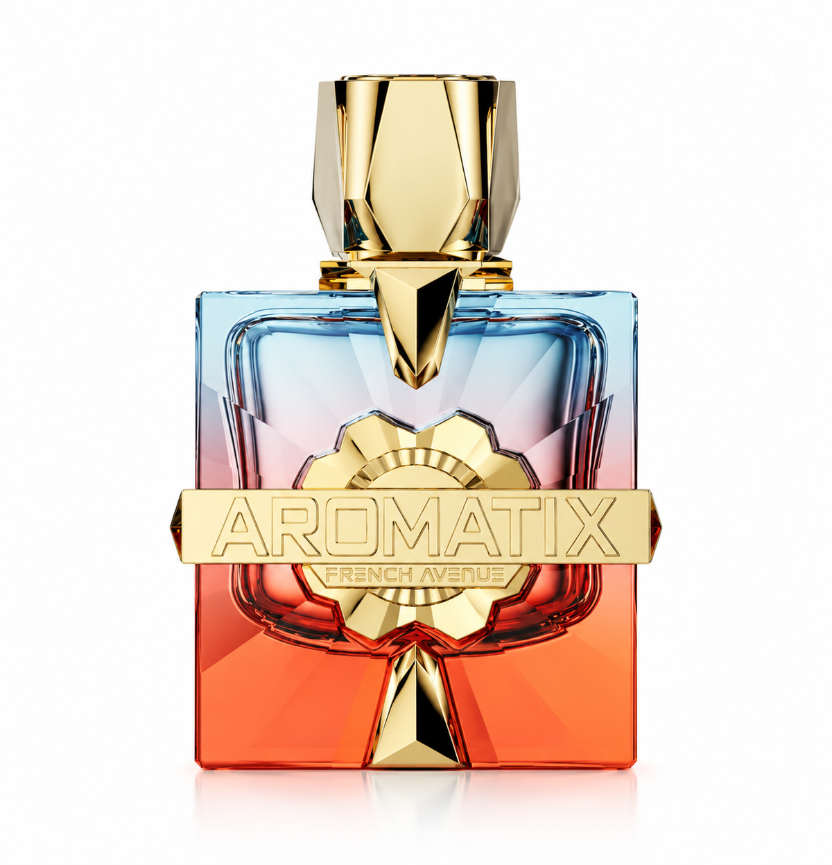 French Avenue Aromatix luxury perfume featuring a stunning rectangular glass bottle with a blue-to-coral gradient, an elegant faceted gold cap and distinctive gold Aromatix branding. Premium fragrance bottle photographed against a clean white background.