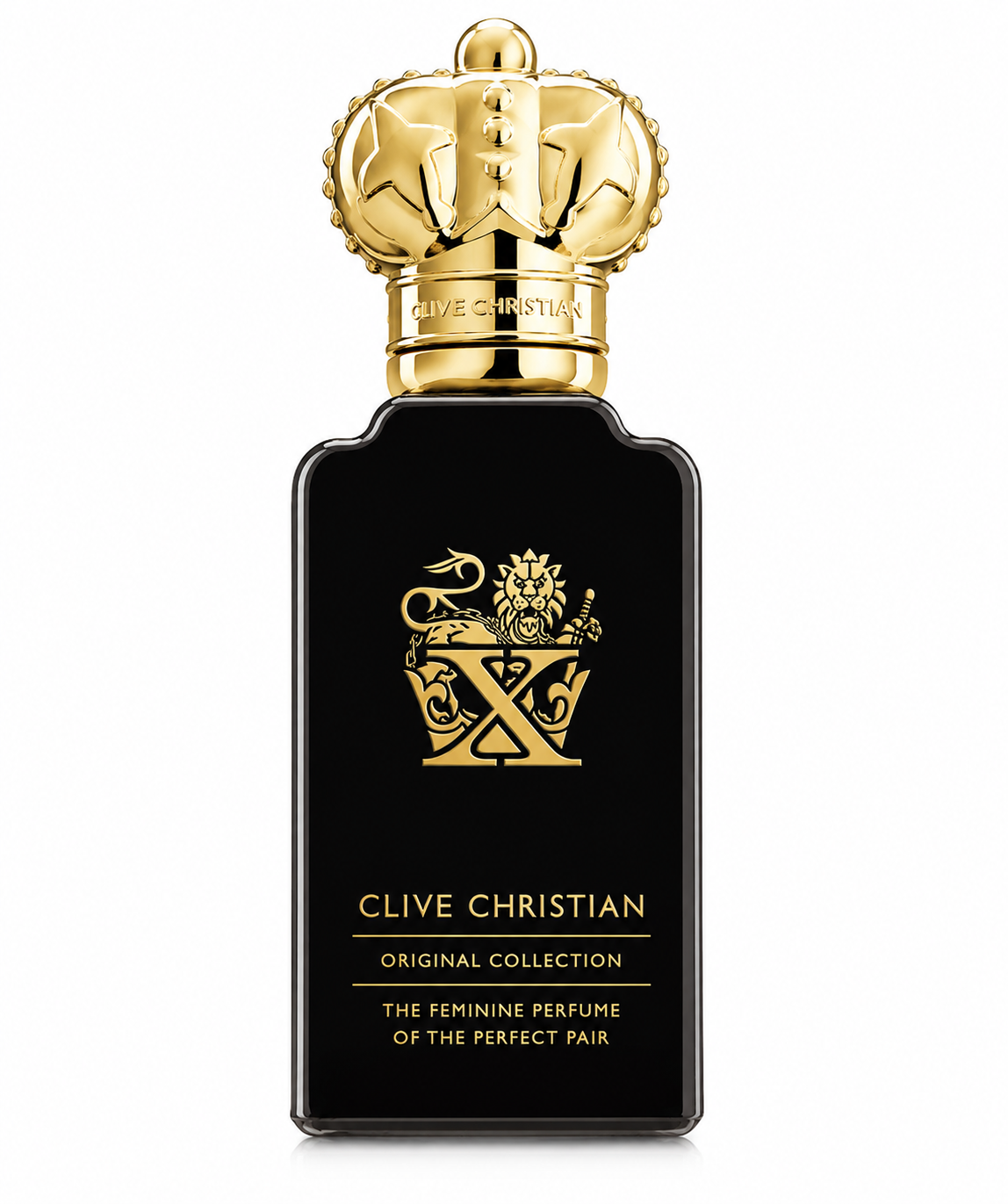 Exact Clive Christian X Feminine Original Collection perfume bottle, front-facing and centered on pure white background. Preserve the original black bottle, gold crown cap, gold branding and exact proportions. Clean studio lighting, soft shadow, sharp photorealistic luxury Shopify product photography.