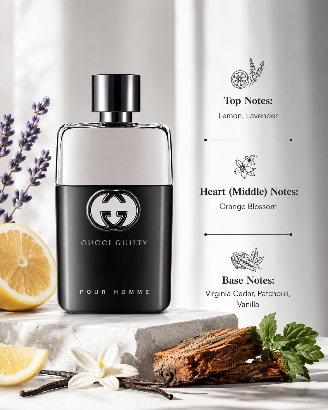 Gucci Guilty Pour Homme Eau de Toilette displayed with fragrance notes, surrounded by lemon, lavender, orange blossom, vanilla pods, Virginia cedarwood, and patchouli, highlighting its fresh citrus, aromatic floral, and warm woody composition.