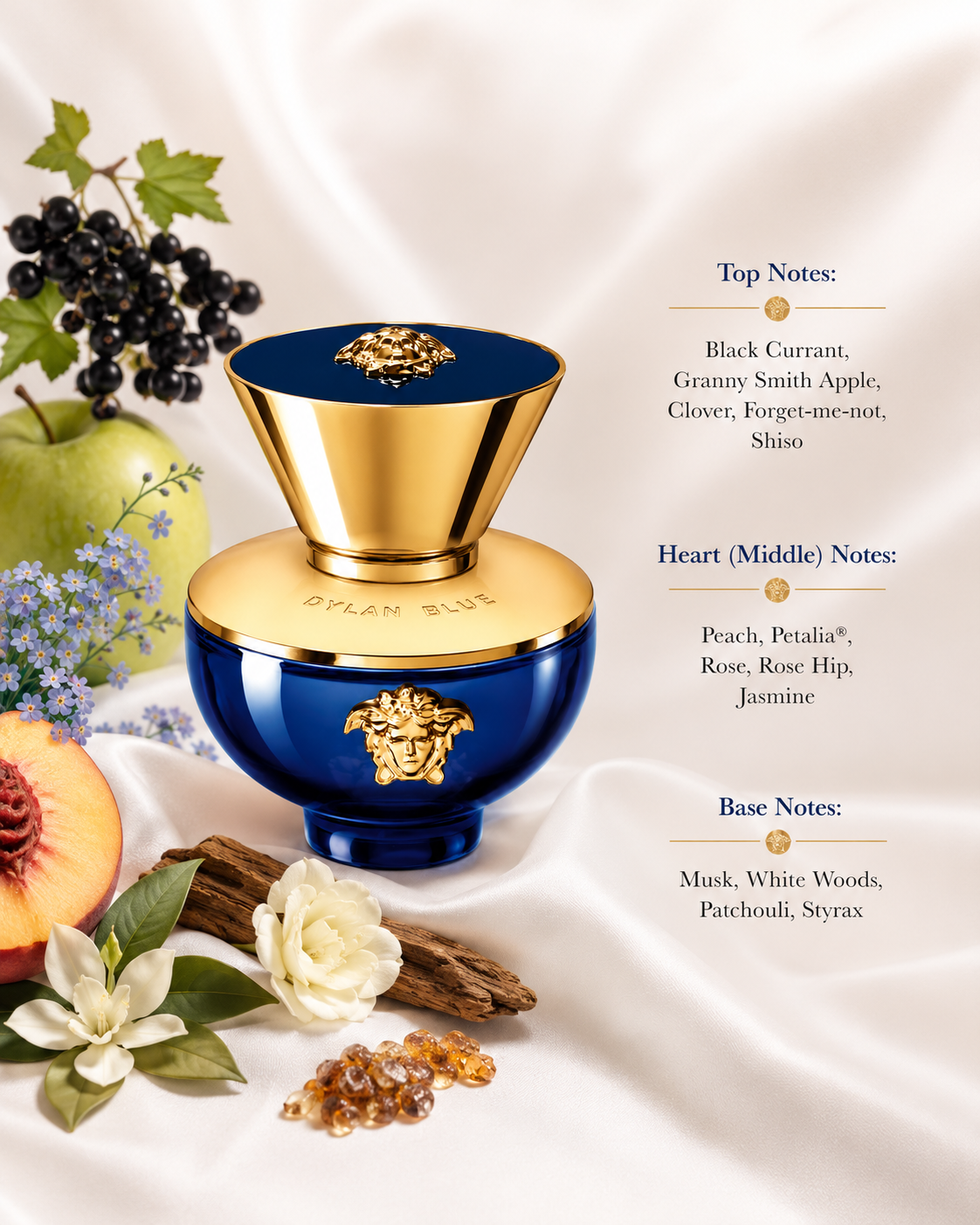 Versace Dylan Blue Pour Femme Eau de Parfum displayed with fragrance notes, surrounded by blackcurrant, Granny Smith apple, peach, jasmine, rose, white flowers, precious woods, patchouli, styrax, and musk, highlighting its vibrant fruity-floral composition with a warm woody-musky base.