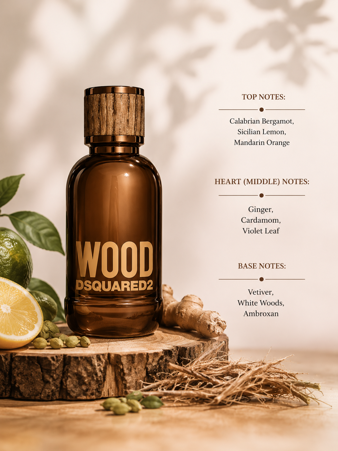 Dsquared2 Wood Eau de Toilette with fragrance notes, displayed beside bergamot, lemon, ginger, cardamom, vetiver and white woods, highlighting its fresh woody citrus composition.