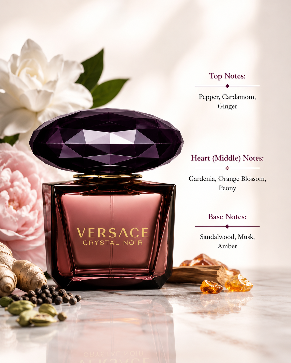 Versace Crystal Noir Eau de Parfum displayed with fragrance notes, surrounded by ginger, black pepper, cardamom, white gardenia, peony, orange blossom, amber resin, and sandalwood, highlighting its warm spicy-floral fragrance with creamy white florals and a sensual amber-musky base.