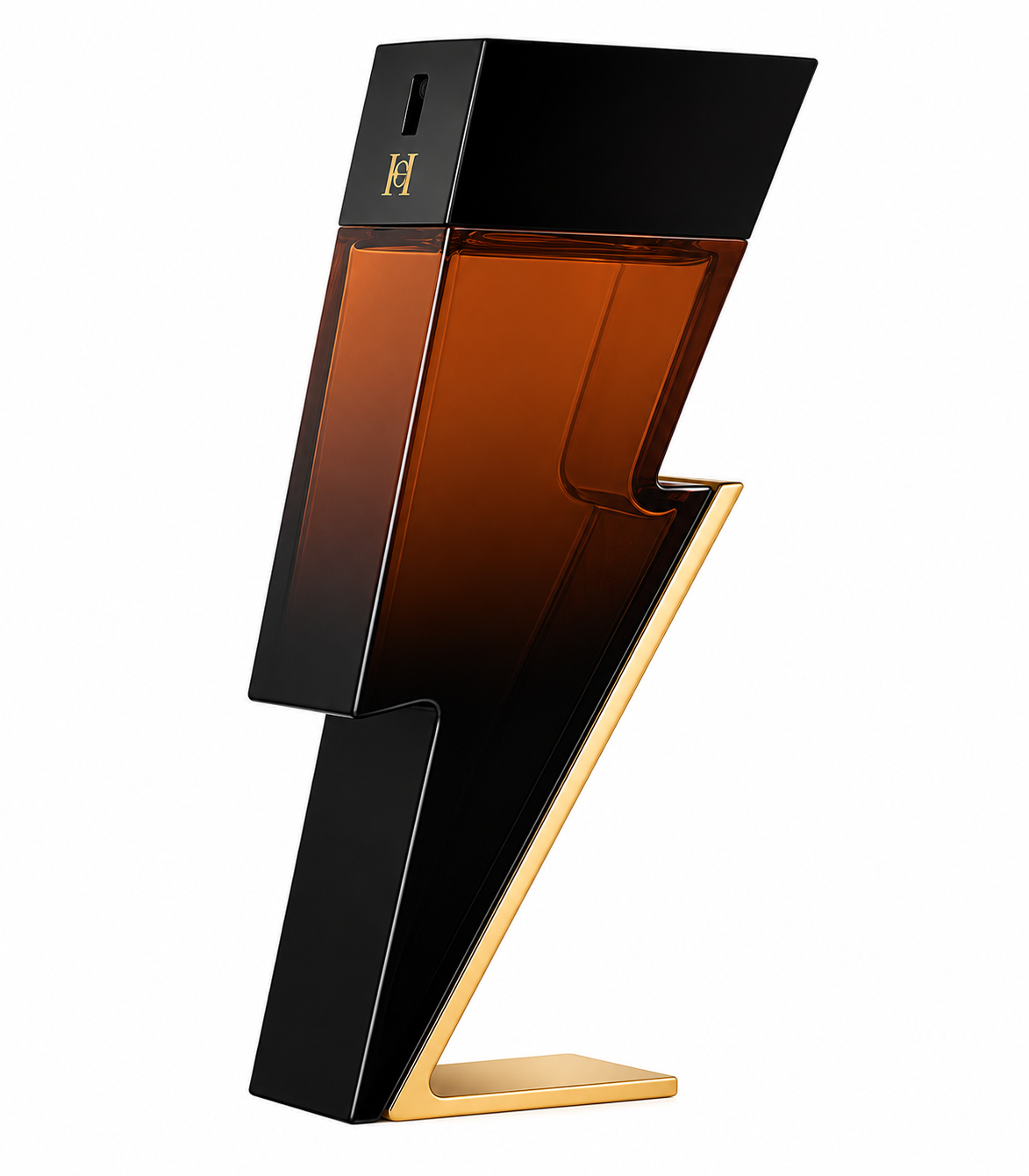 Carolina Herrera Bad Boy For Him Elixir 100ml EDP elegantly presented on a pure white background, highlighting its iconic lightning bolt bottle in deep black and warm amber glass with refined gold accents, showcasing the bold, modern and luxurious masculine design.
