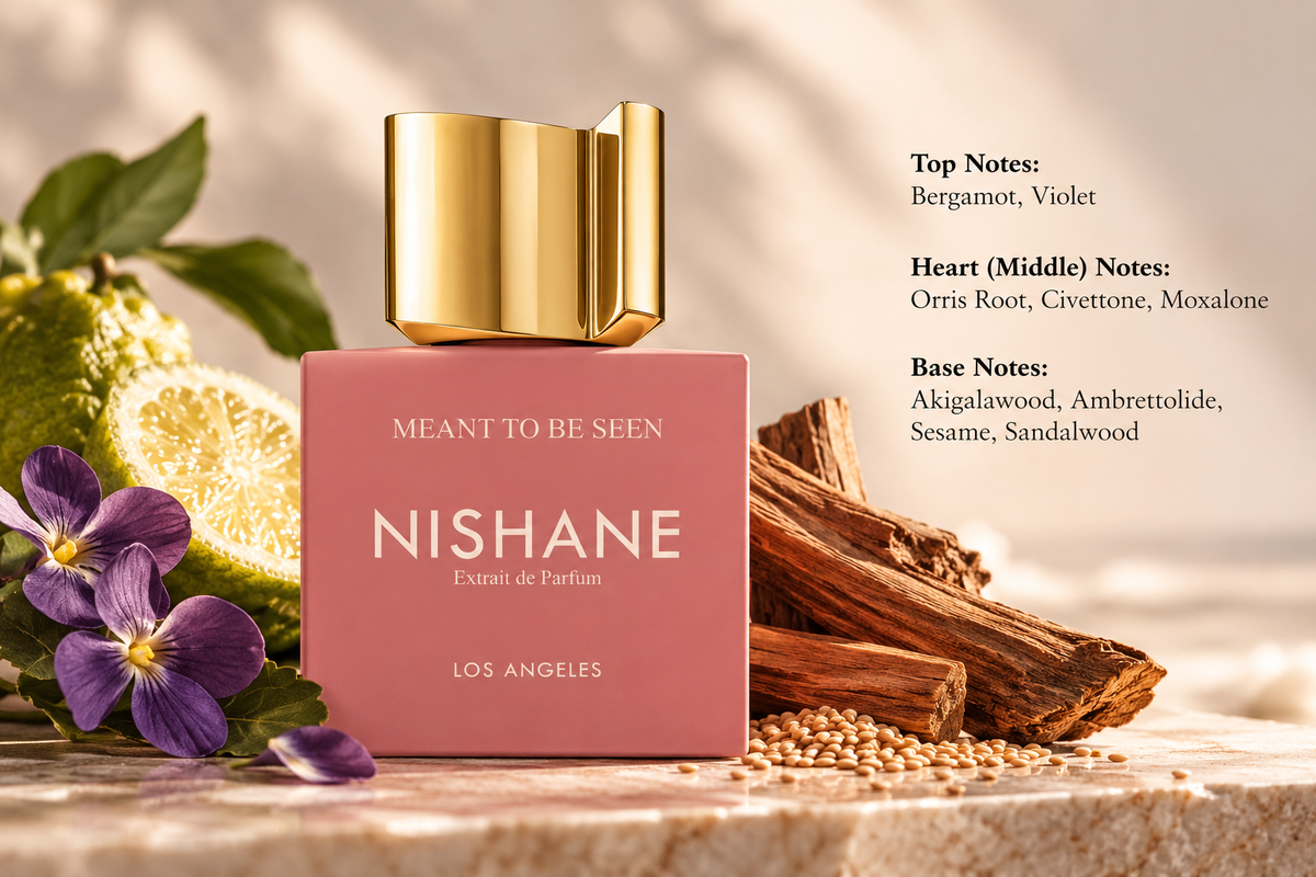Nishane Meant To Be Seen Extrait de Parfum in an elegant dusty pink bottle with a sculptural gold cap, surrounded by fresh bergamot, purple violet flowers, sandalwood and sesame seeds. A luxurious niche fragrance featuring powdery orris root, soft musky accords and warm woody notes, presented in a refined, sunlit setting.