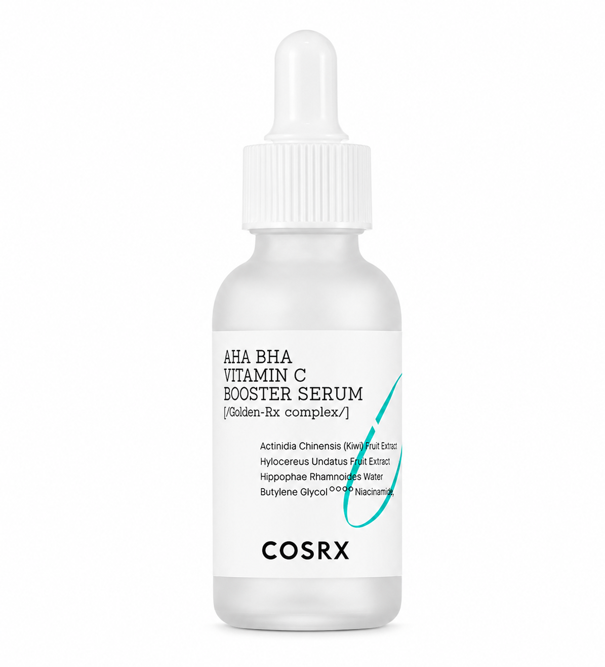 COSRX AHA BHA Vitamin C Booster Serum in a white dropper bottle with a white cap, featuring black text and a teal accent line on the label, set against a plain white background.