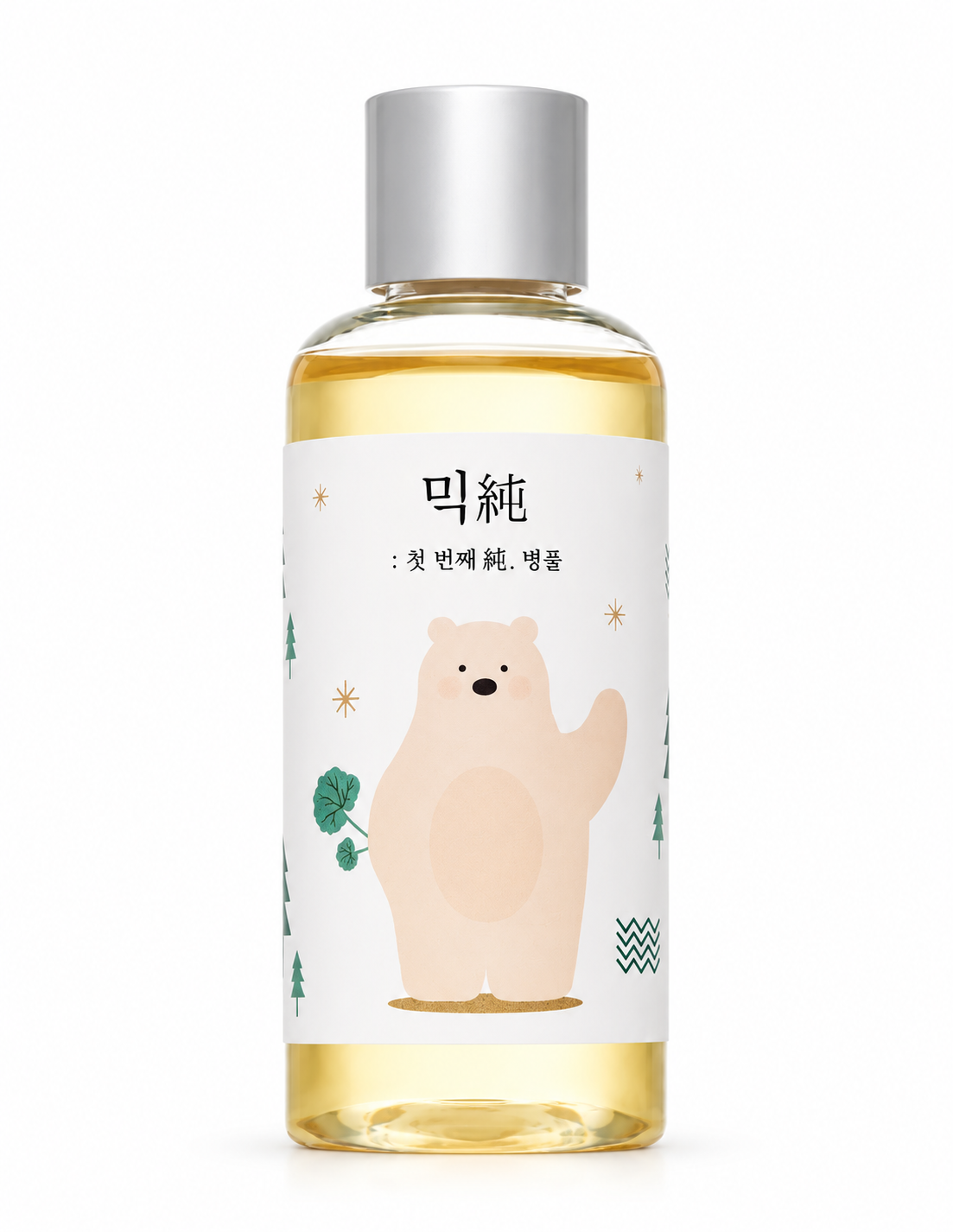 Mixsoon Centella Asiatica skincare product in a transparent bottle with golden liquid, silver cap and charming illustrated bear label. Korean K-beauty skincare featuring a minimalist design, photographed against a pure white background.