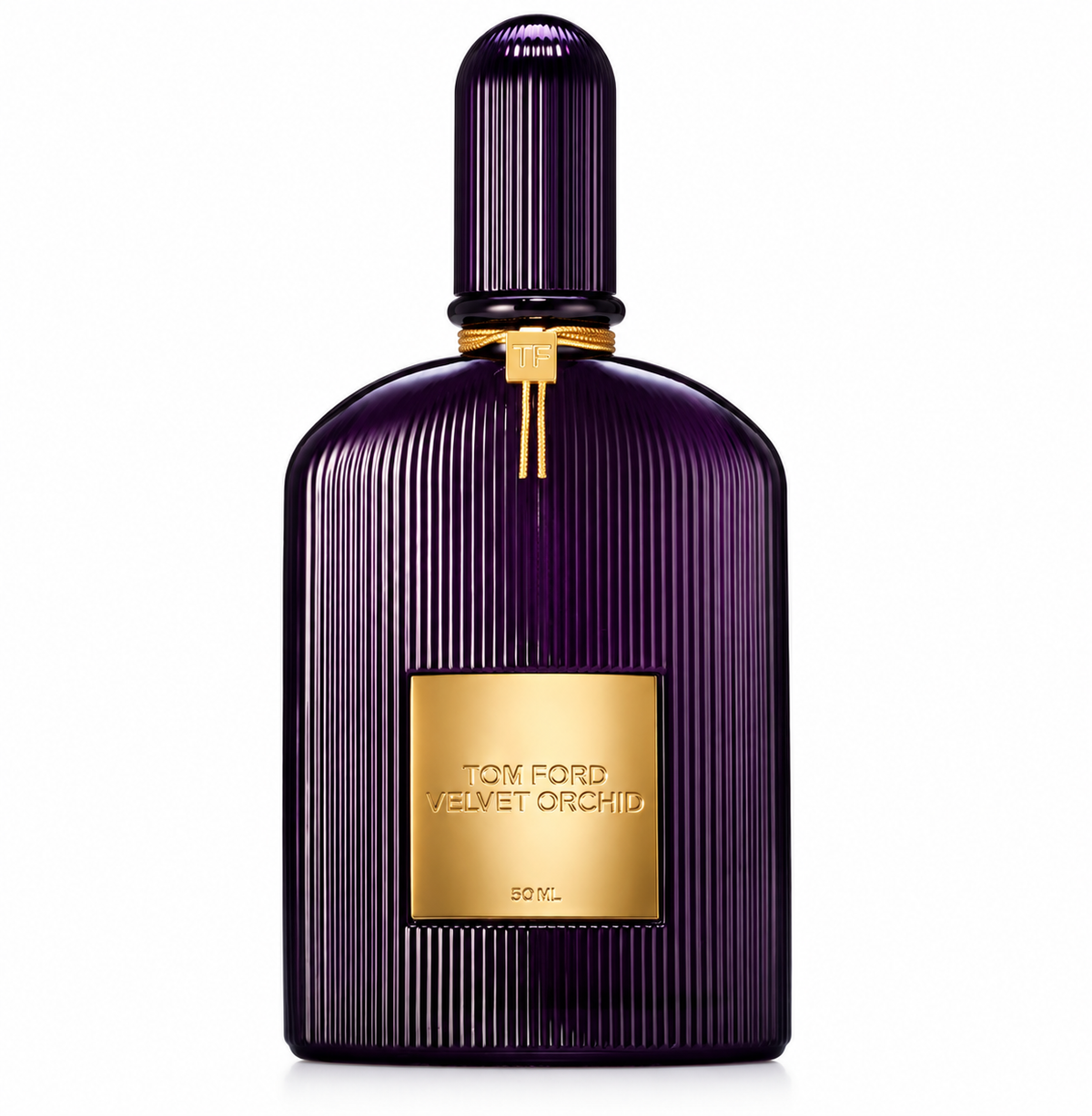 Tom Ford Velvet Orchid 50ml Eau de Parfum presented in its luxurious deep purple ribbed bottle with polished gold plaque and signature TF detailing, photographed against a clean pure white background.