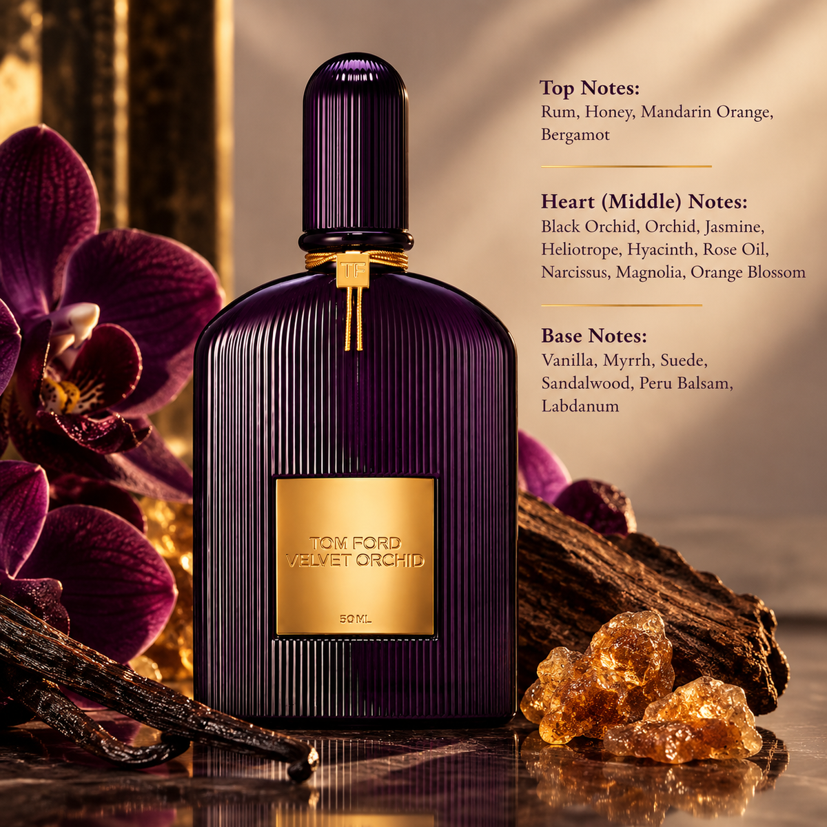 Tom Ford Velvet Orchid Eau de Parfum presented in a rich, sensual setting inspired by its opulent floral and warm ambery composition, featuring rum, honey, mandarin orange and bergamot, an intense floral heart of orchid, jasmine, heliotrope and rose, and a smooth base of vanilla, myrrh, suede, sandalwood, Peru balsam and labdanum.