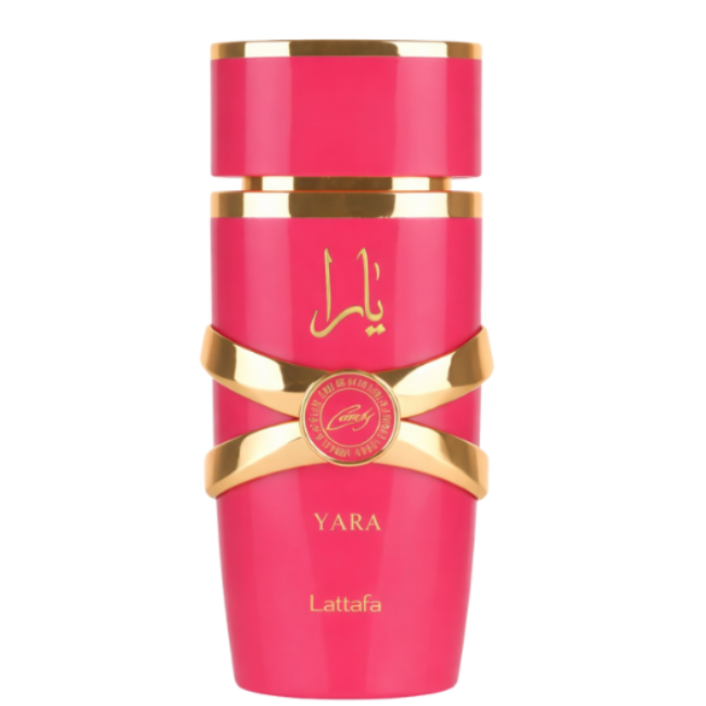 Pink and gold Lattafa Yara perfume bottle on a white background