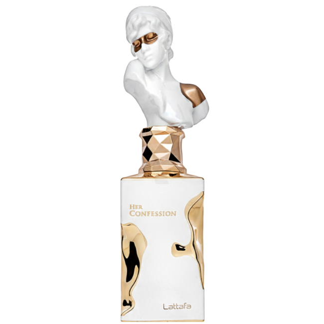 A sculptural white perfume bottle for Lattafa Her Confession, featuring a rectangular body with organic molten gold accents and a cap shaped like a white marble-style female bust with gold-painted eyes and shoulder.