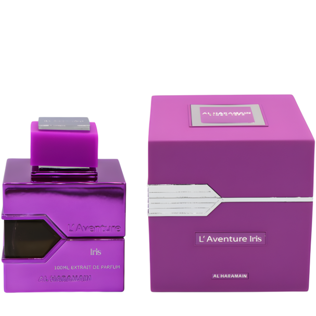 Al Haramain L’Aventure Iris 100ml Extrait De Parfum in a high-gloss purple metallic cube bottle, standing next to a matching large magenta-purple square box with silver architectural accents.