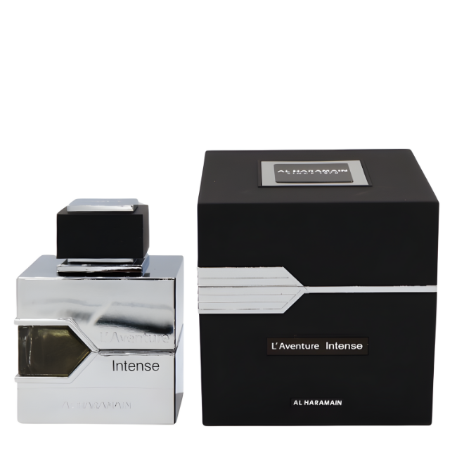 Al Haramain L'Aventure Intense 100ml Eau De Parfum bottle in reflective silver alongside its luxury matte black square presentation box.