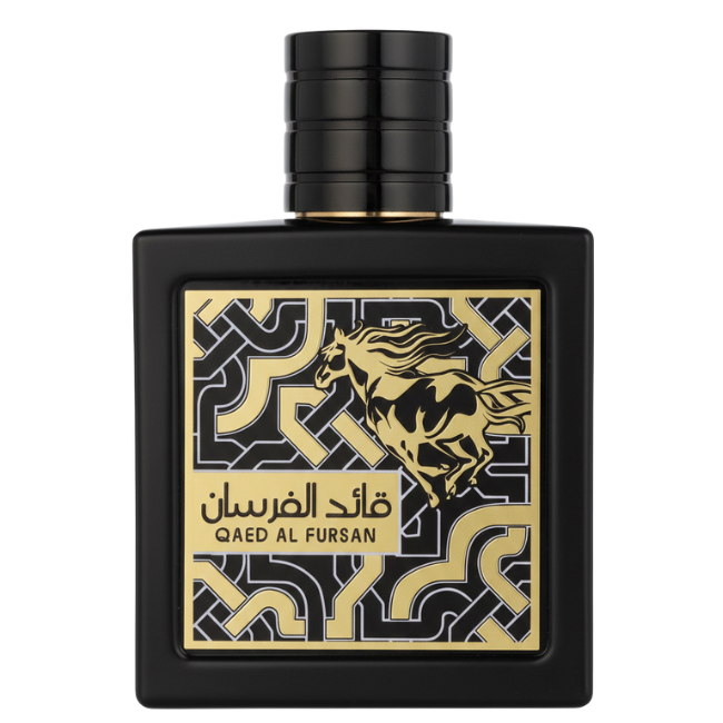 Lattafa Qaed Al Fursan Eau De Parfum in a weighted square matte black bottle featuring an intricate gold-and-black geometric front panel with a prominent galloping gold horse graphic.