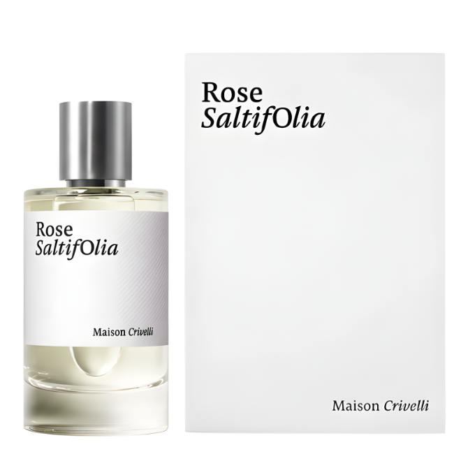 A 100ml cylindrical glass bottle of Maison Crivelli Rose SaltifOlia Eau De Parfum with a brushed silver cap, standing next to its clean, minimalist white presentation box featuring elegant black serif typography.