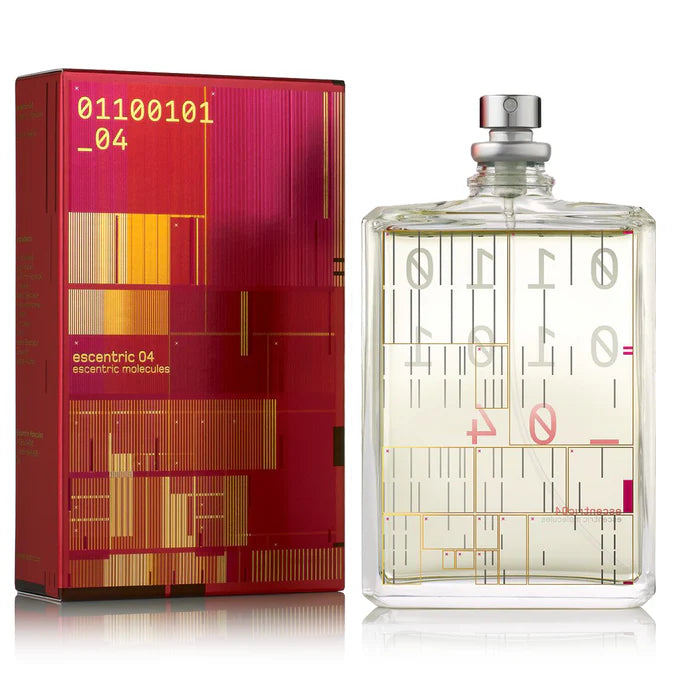 Escentric Molecules Escentric 04 fragrance set featuring a 100ml clear glass bottle with red and gold geometric graphics, standing next to its coordinating vibrant red and magenta textured box with high-contrast yellow binary-inspired branding.