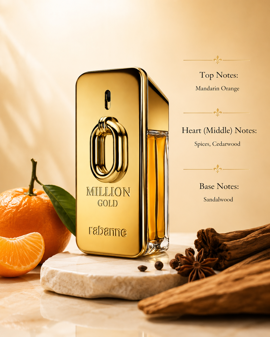 Rabanne Million Gold Intense 50ml EDP displayed on an elegant marble pedestal surrounded by juicy mandarin orange, warm spices, aromatic cedarwood, smooth sandalwood and subtle woody elements, creating a refined golden atmosphere that perfectly reflects its warm, woody and luminous fragrance character.