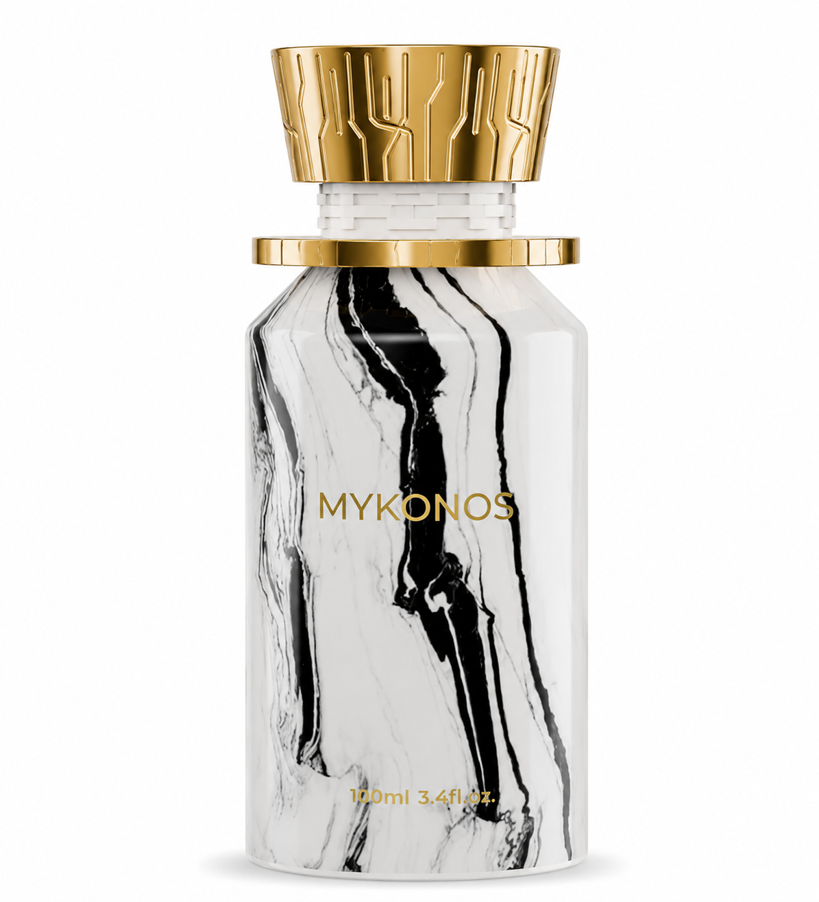 Mykonos On The Rocks Extrait de Parfum in a luxurious white marble-effect bottle with elegant gold accents, isolated on a clean white background.