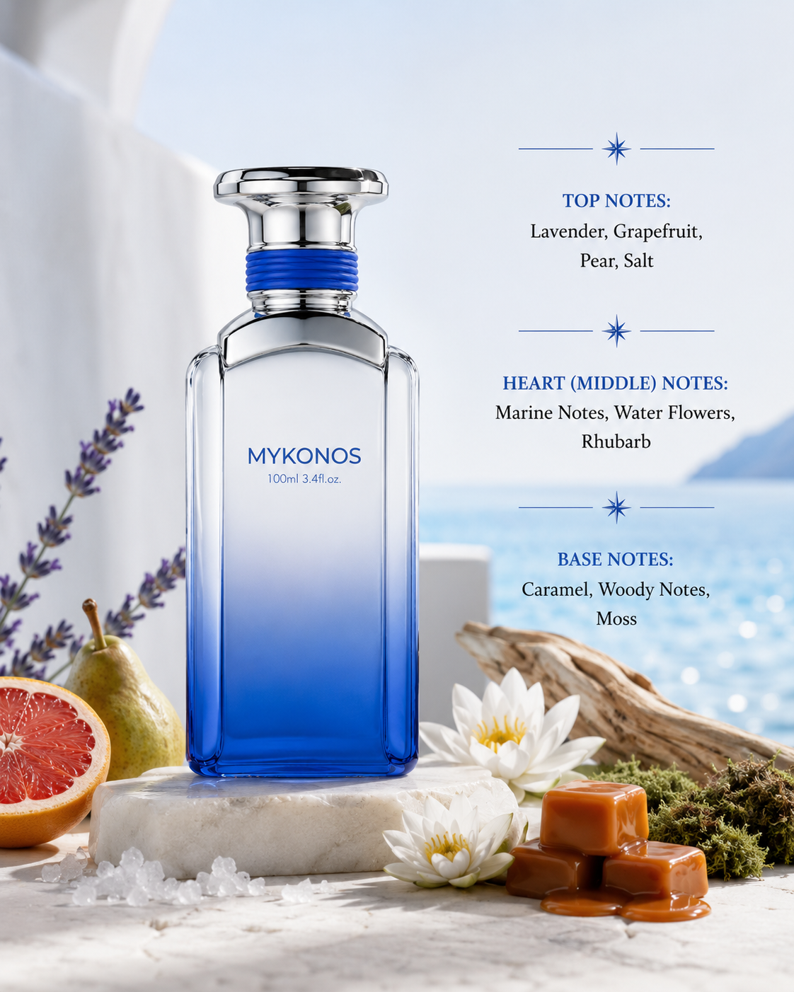 Mykonos California Blue 100ml Eau de Parfum displayed with grapefruit, pear, lavender, sea salt, white water flowers, driftwood, moss and caramel, evoking a fresh aquatic fragrance inspired by the Mediterranean coast.