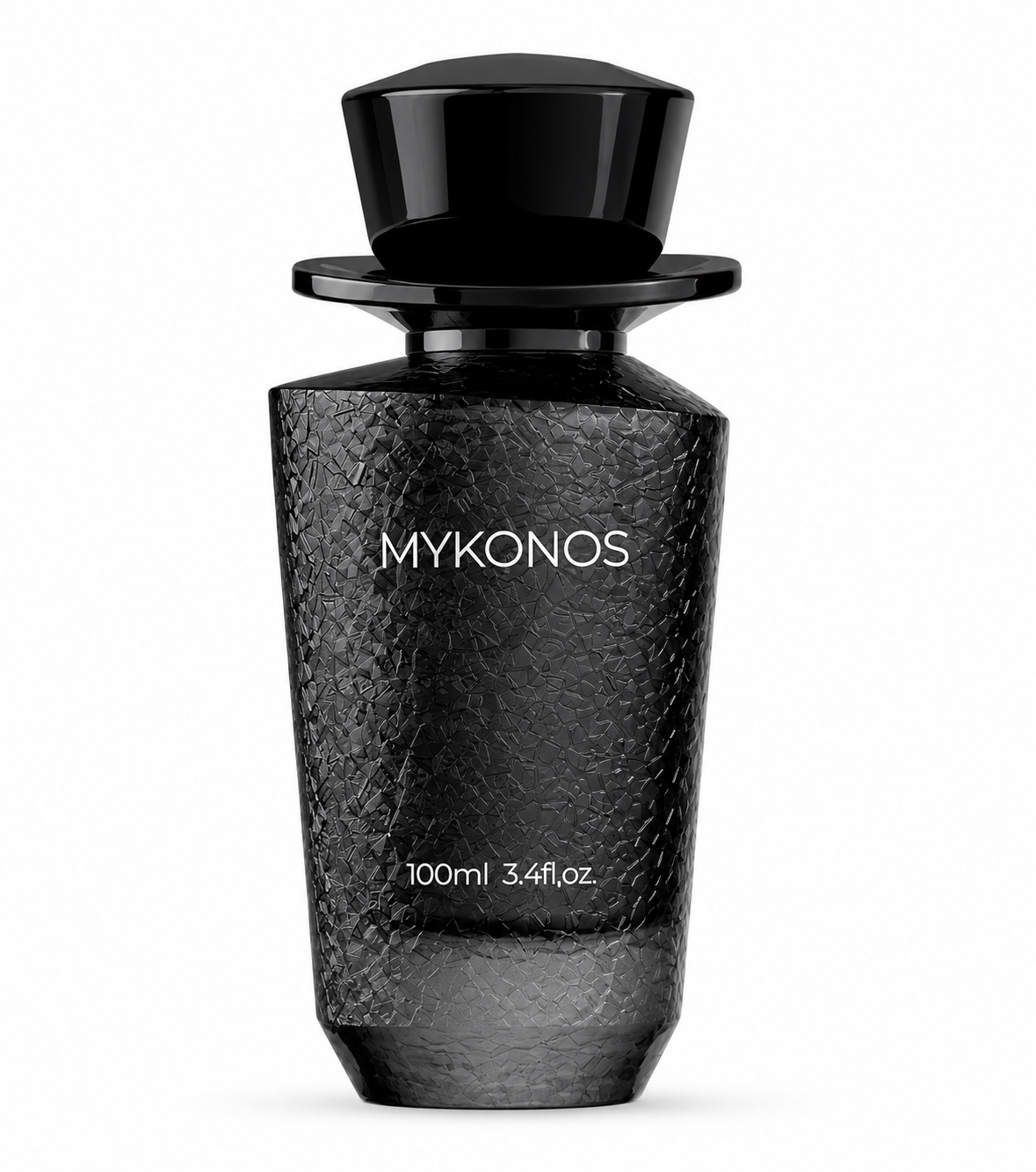 Mykonos Conquer 100ml Eau de Parfum in a sophisticated textured black glass bottle with a glossy black cap, isolated on a clean white background.
