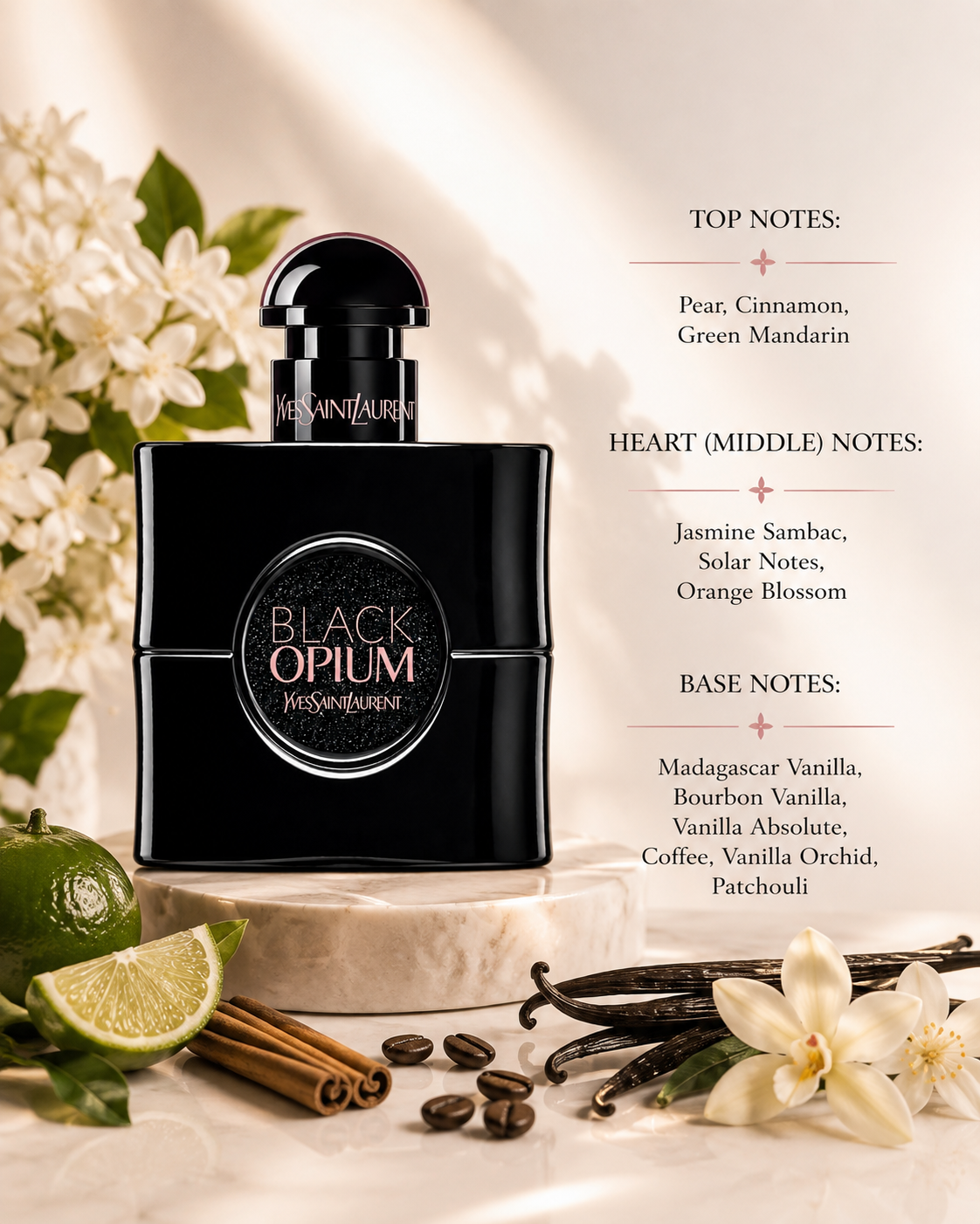 Yves Saint Laurent Black Opium Le Parfum displayed on a refined cream marble surface in warm golden sunlight, surrounded by juicy pear, cinnamon sticks, fresh green mandarin, blooming jasmine sambac, delicate orange blossoms, Madagascar vanilla pods, Bourbon vanilla, vanilla orchid flowers, roasted coffee beans and earthy patchouli. 