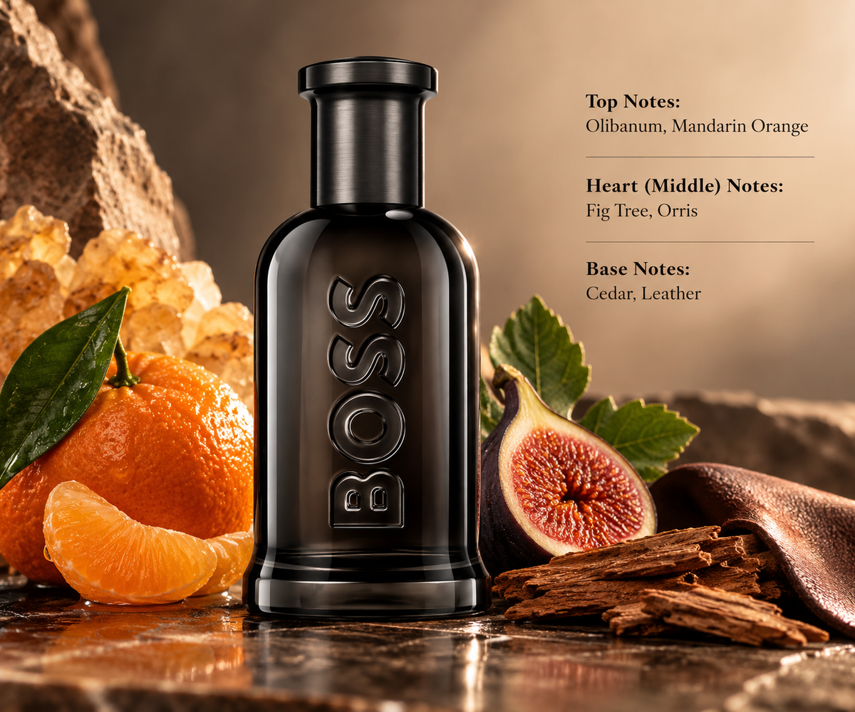Hugo Boss Bottled men's perfume in an elegant black bottle, surrounded by fresh mandarin oranges, ripe figs, golden frankincense resin, cedarwood and rich brown leather. Presented on a luxurious marble surface with warm golden lighting, highlighting its sophisticated woody, citrus and leathery fragrance profile.