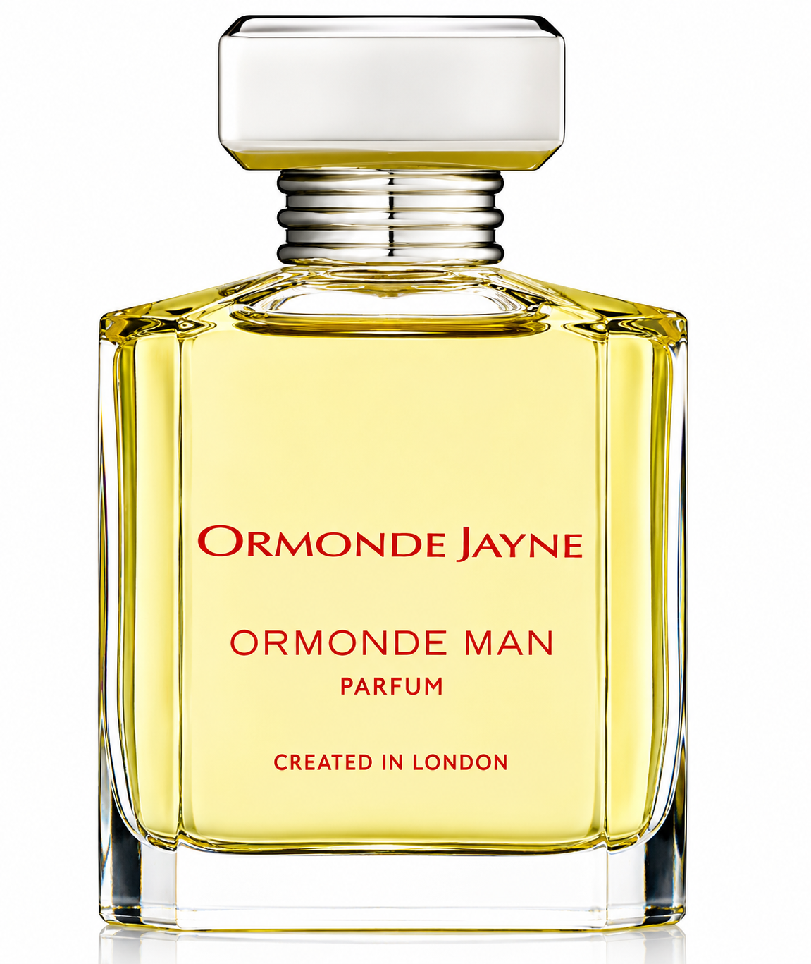 Ormonde Jayne Ormonde Man Parfum in an elegant clear glass bottle filled with golden fragrance, featuring a minimalist design, a refined transparent cap, and distinctive red lettering, presented on a clean white background. Luxury niche men's perfume showcased in a high-resolution studio product image.