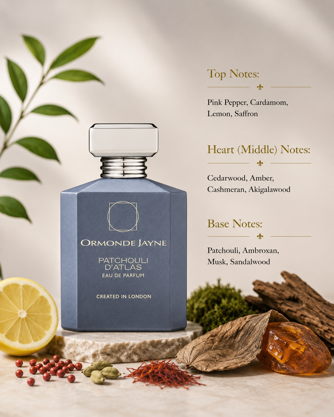 Ormonde Jayne Patchouli D'Atlas Eau de Parfum showcased in an elegant luxury fragrance composition featuring pink pepper, cardamom, lemon, saffron, cedarwood, amber, cashmeran, Akigalawood, patchouli, ambroxan, musk, and sandalwood-inspired elements. The sophisticated matte blue-grey bottle is presented in a refined setting that highlights its fresh spicy, woody, warm amber, and earthy patchouli character.