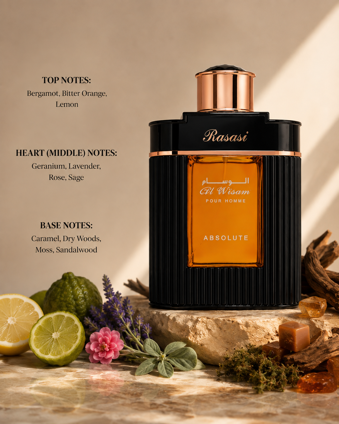 Rasasi Al Wisam Absolute Pour Homme Eau de Parfum displayed in a sophisticated luxury composition on a natural stone pedestal, surrounded by fresh bergamot, bitter orange, lemon, aromatic lavender, sage leaves, blooming rose petals, geranium, creamy caramel cubes, sandalwood, dry woods, oakmoss and golden amber resin, illuminated by warm natural sunlight to evoke the fragrance's elegant citrus opening, aromatic floral heart and rich woody gourmand base.