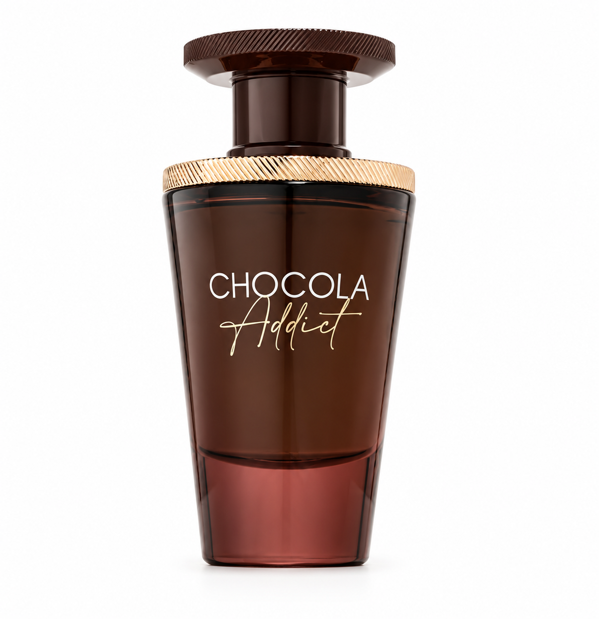 French Avenue Chocola Addict luxury perfume bottle featuring a rich chocolate-brown glass finish, elegant tapered silhouette, gold ribbed detailing and a wide dark brown cap. The sophisticated gourmand fragrance is photographed against a pure white background.