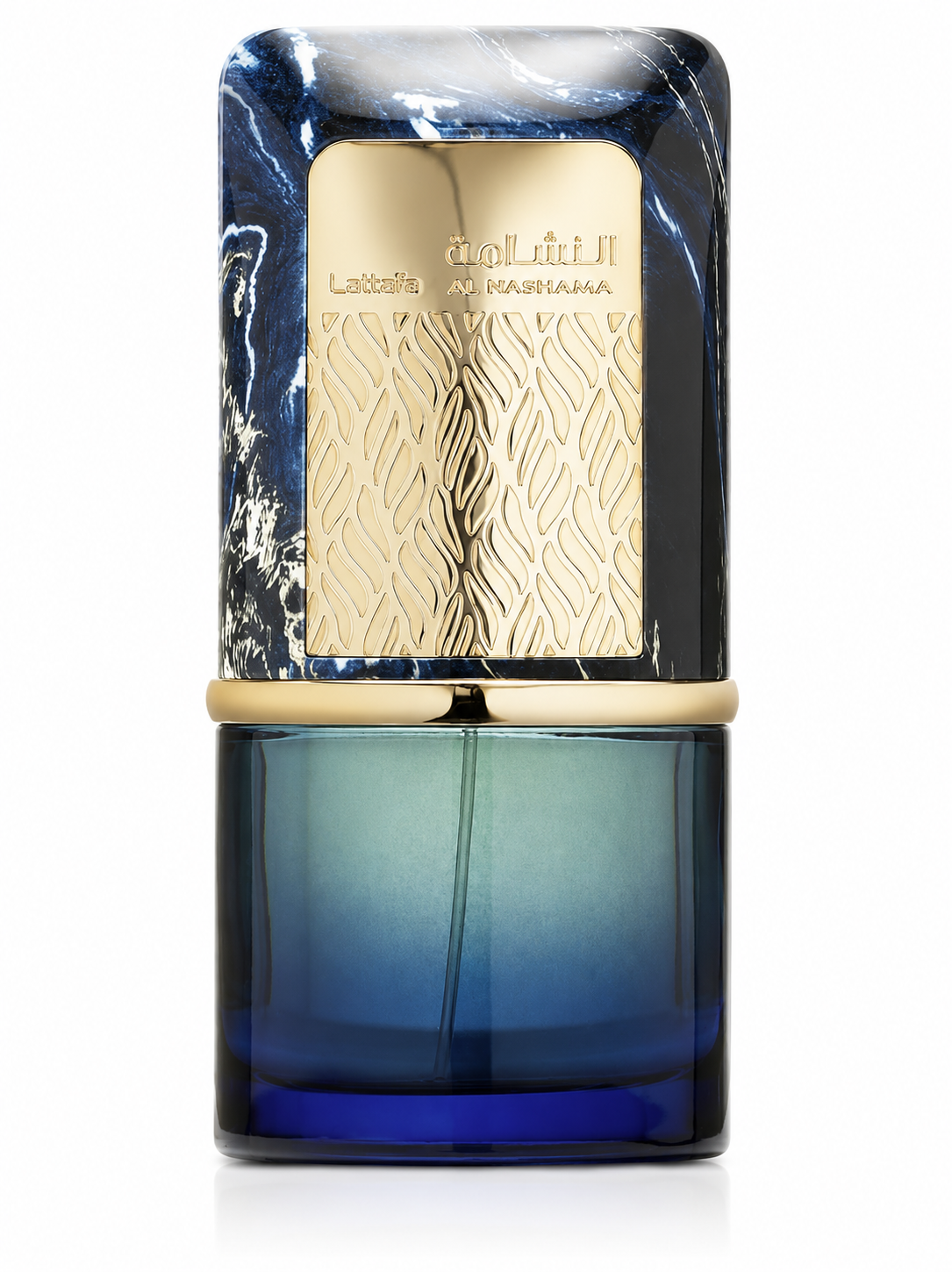 Lattafa Al Nashama Eau de Parfum in an elegant blue gradient glass bottle with a luxurious marbled navy and gold cap, embossed gold front panel, and premium oriental design, presented on a clean white background. High-resolution studio product image.