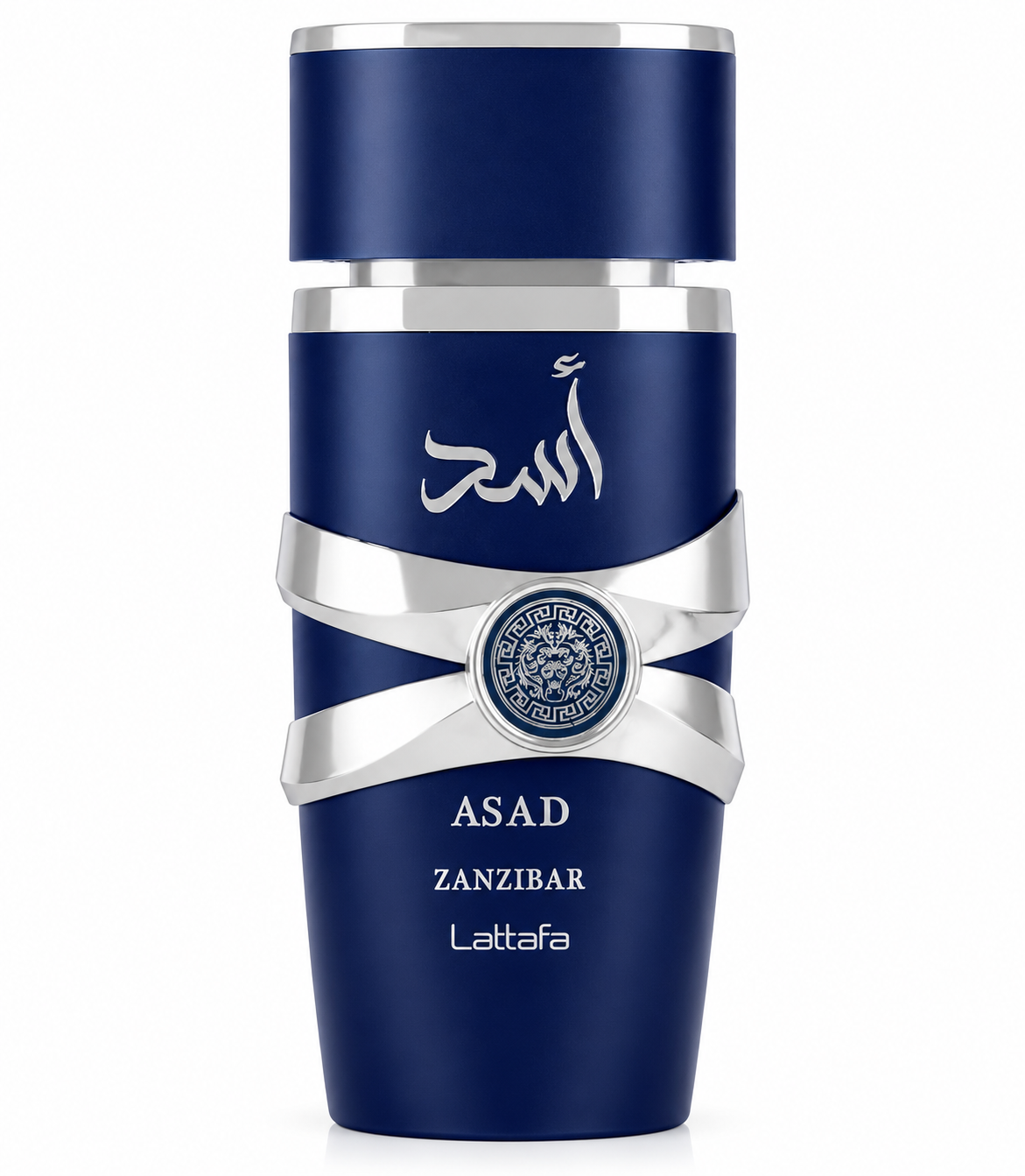 Lattafa Asad Zanzibar Eau de Parfum presented on a pure white background, featuring an elegant deep navy blue bottle with polished silver accents and intricate Arabic-inspired detailing, showcasing its bold, modern design and premium craftsmanship that reflects its sophisticated fragrance character.
