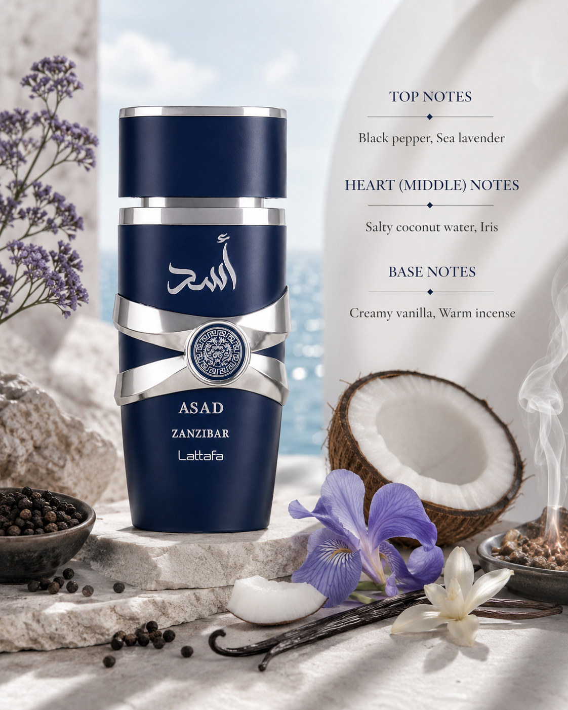 Lattafa Asad Zanzibar Eau de Parfum elegantly displayed on a premium marble surface in a luxurious coastal-inspired setting surrounded by black pepper, sea lavender, fresh coconut, delicate iris blossoms, Madagascar vanilla pods and aromatic incense, creating a refined tropical atmosphere that perfectly reflects its spicy, creamy and warm oriental fragrance profile.