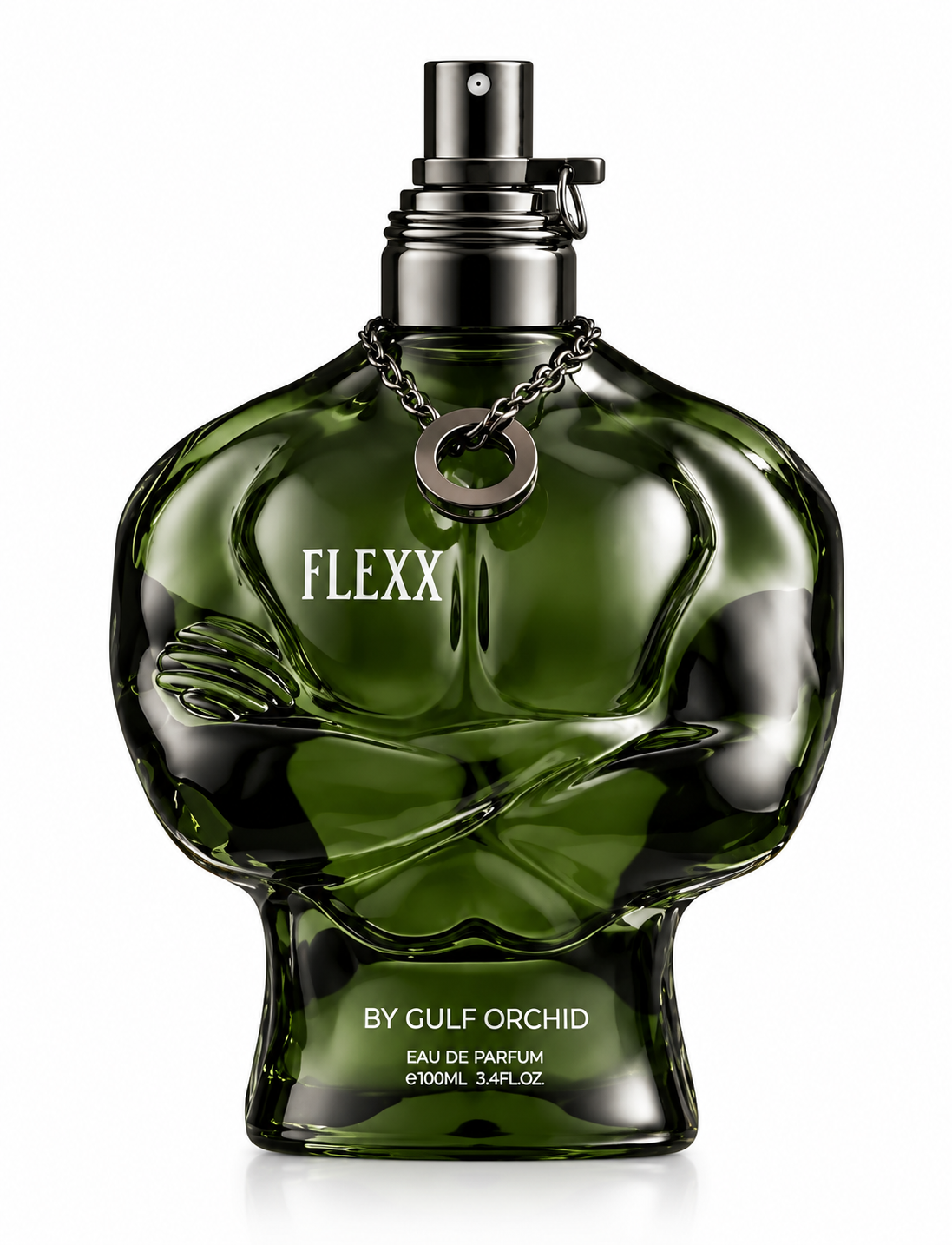 Gulf Orchid Flexx 100ml Eau de Parfum featuring a muscular torso-shaped bottle in deep olive green glass, with a metallic silver spray nozzle, decorative chain and ring pendant. A bold, masculine fragrance bottle photographed against a pure white background.