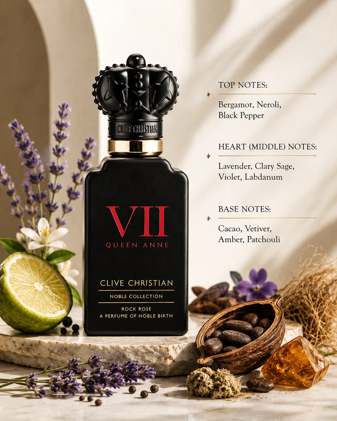 Clive Christian Rock Rose Masculine Noble Collection 50ml Eau de Parfum displayed with bergamot, neroli, black pepper, lavender, cacao, vetiver and amber accents, showcasing its sophisticated aromatic woody fragrance in a refined luxury composition.