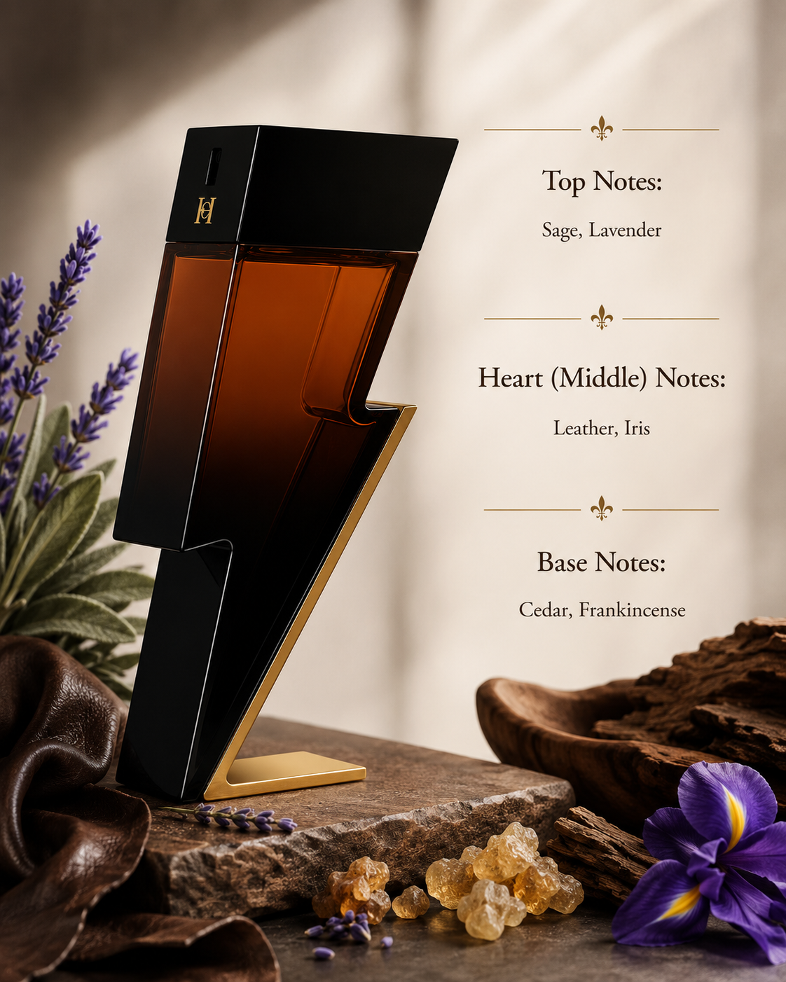 Carolina Herrera Bad Boy For Him Elixir 100ml EDP displayed on a natural stone pedestal surrounded by aromatic sage, fresh lavender, rich leather, elegant iris petals, cedarwood, golden frankincense resin and weathered wood, creating a warm, sophisticated atmosphere that perfectly reflects its powerful woody aromatic fragrance profile.