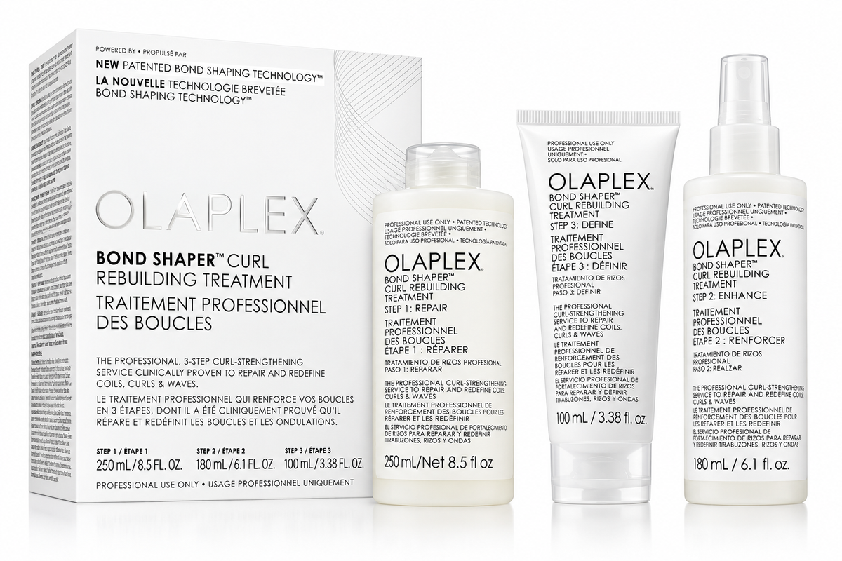 OLAPLEX Bond Shaper Curl Rebuilding Treatment professional 3-step set, including Repair 250ml, Enhance 180ml and Define 100ml treatments designed to strengthen, repair and redefine coils, curls and waves.