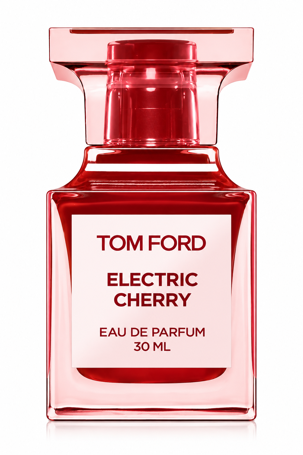 Tom Ford Electric Cherry 30ml Eau de Parfum presented in its striking translucent cherry-red glass bottle with matching red accents and minimalist Tom Ford label, photographed against a clean white background.
